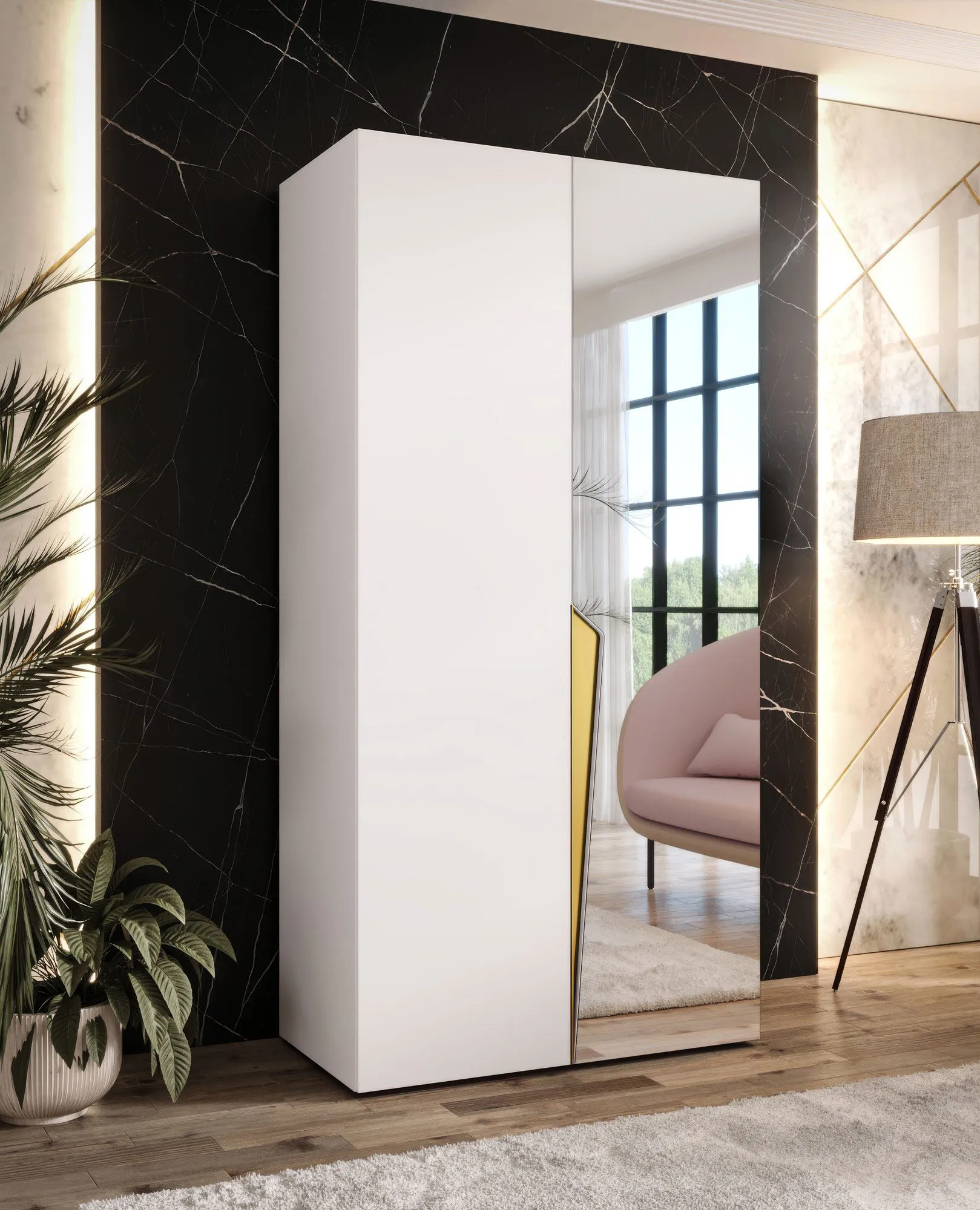 Kleiderschrank | 1 Spiegeltür | Farbe: Weiß | 1 Fach | Griffe: Gold | 1 Kleiderstange | 1 Meter breit | Soft-Close-Funktion