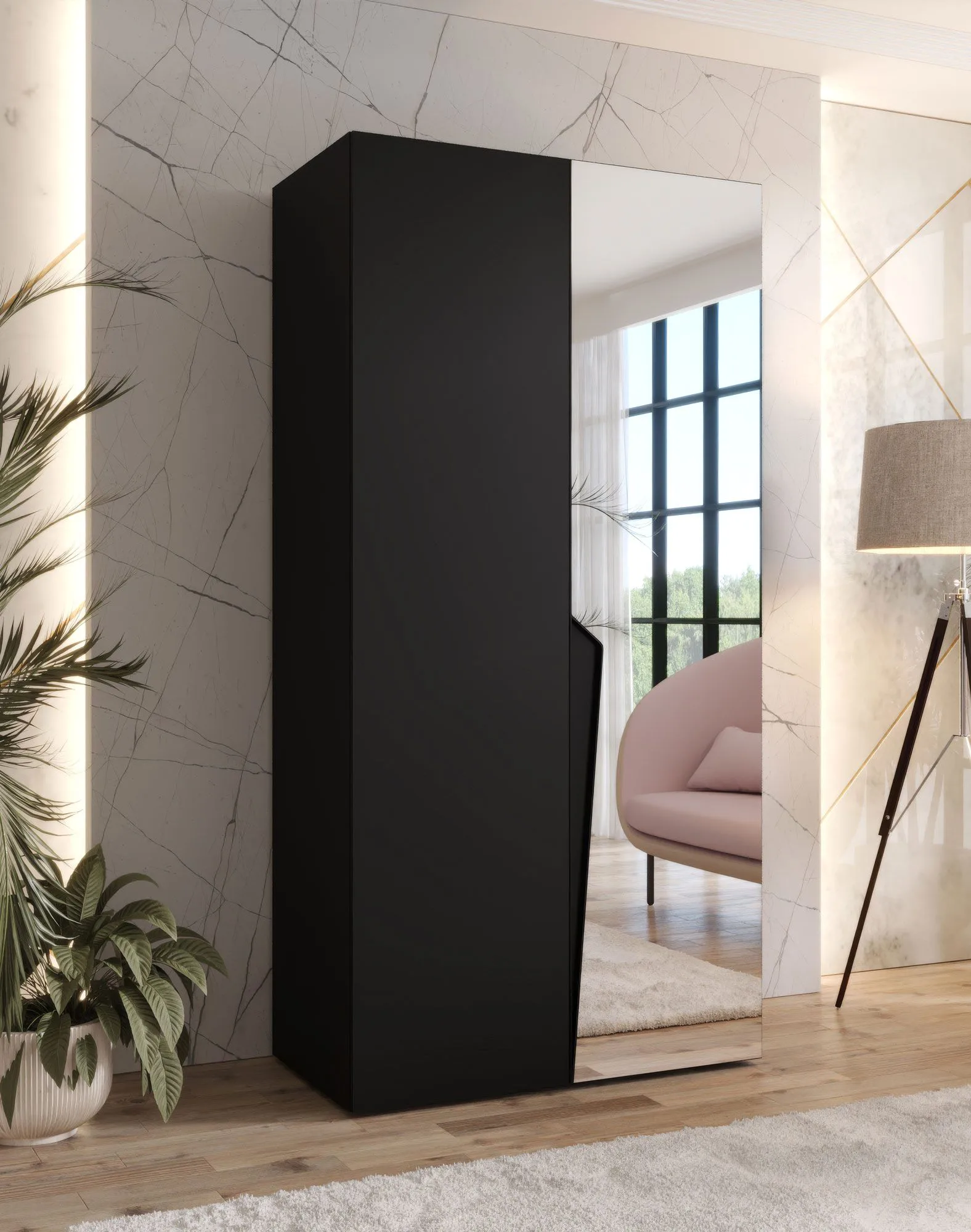Kleiderschrank | 1 Spiegeltür | Farbe: Schwarz | 1 Fach | Griffe: Schwarz | 1 Kleiderstange | 1 Meter breit | Soft-Close-Funktion