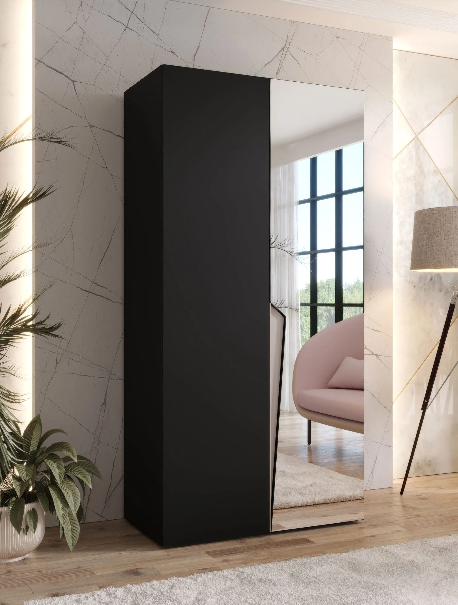Kleiderschrank | 1 Spiegeltür | Farbe: Schwarz | 1 Fach | Griffe: Kaschmir | 1 Kleiderstange | 1 Meter breit | Soft-Close-Funktion