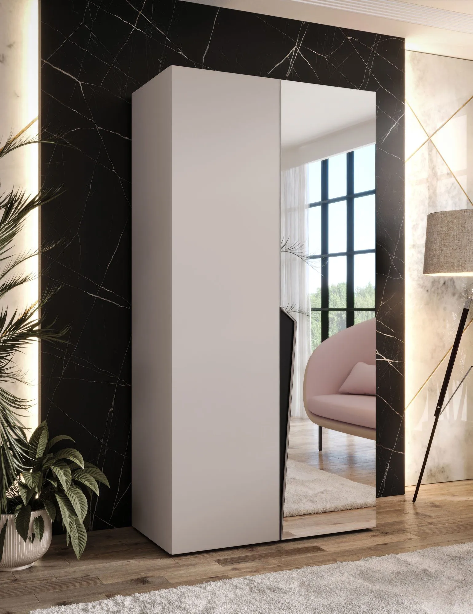 Kleiderschrank | 1 Spiegeltür | Farbe: Kaschmir | 1 Fach | Griffe: Schwarz | 1 Kleiderstange | 1 Meter breit | Soft-Close-Funktion
