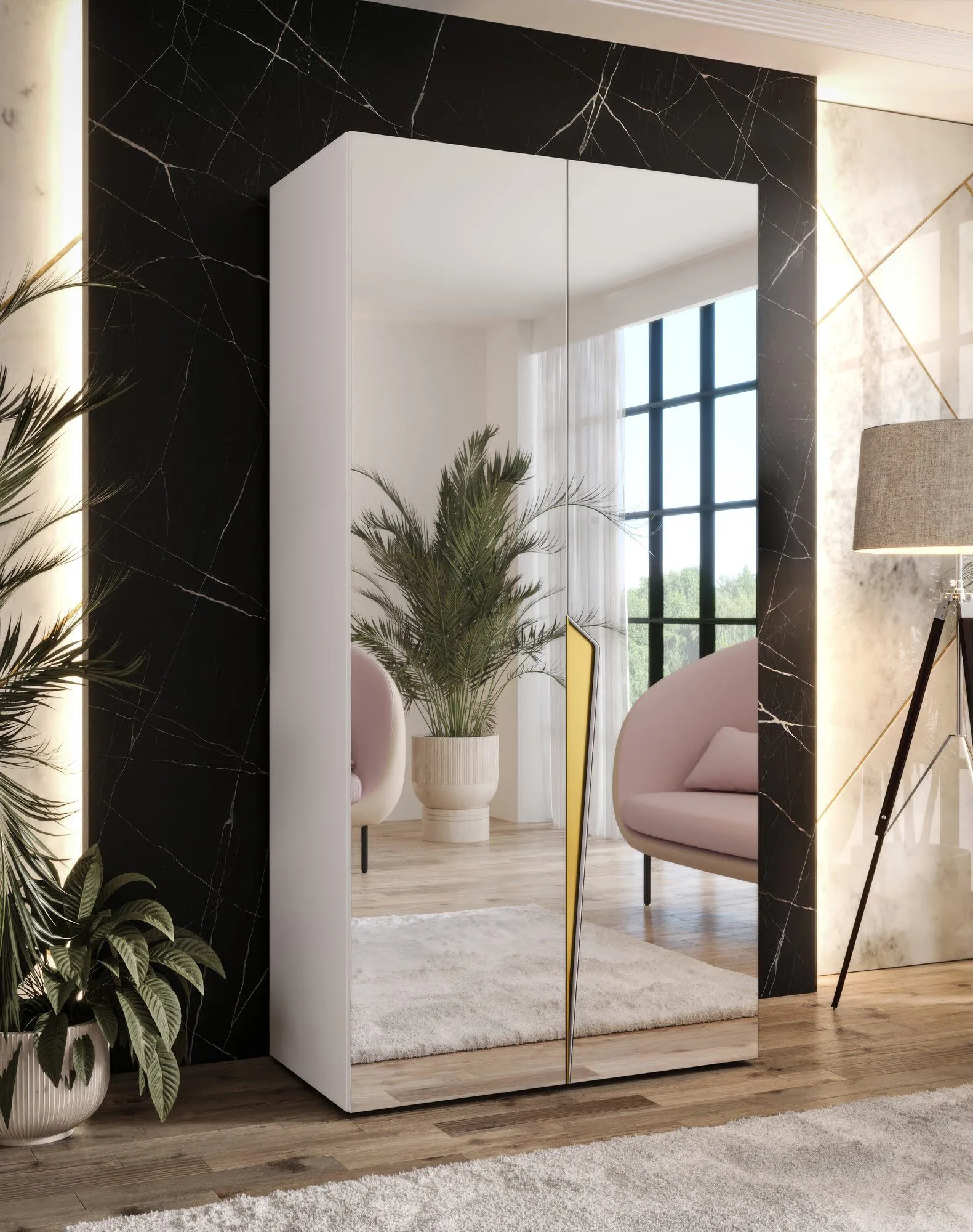 Schlafzimmerschrank mit Spiegel | Farbe: Weiß | Soft-Close-Funktion | Kleiderschrank | Griffe: Gold | 1 Fach | 1 Kleiderstange | ABS-Kanten