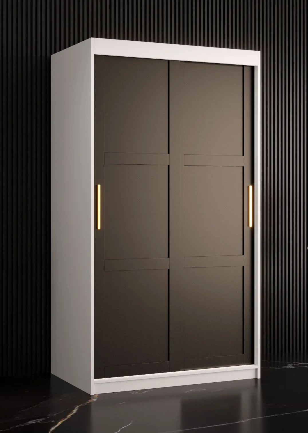 Schmaler Kleiderschrank mit fünf Fächern Liskamm 02, Farbe: Weiß matt / Schwarz matt