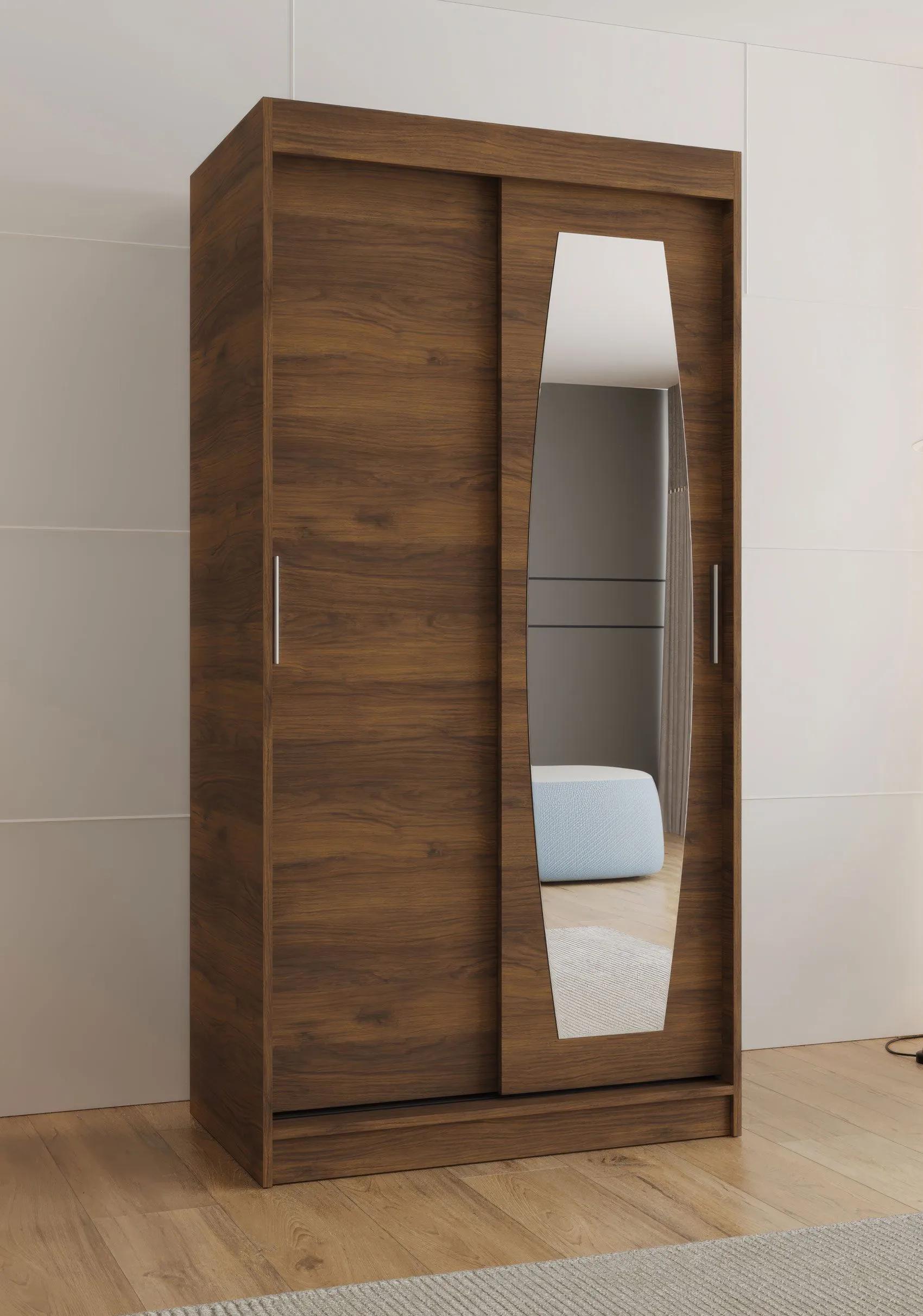 Schiebetürenschrank / Kleiderschrank | Farbe: Walnuss | zwei Kleiderstangen | 1 Meter breit | Aluminiumschienen | eine Spiegeltür