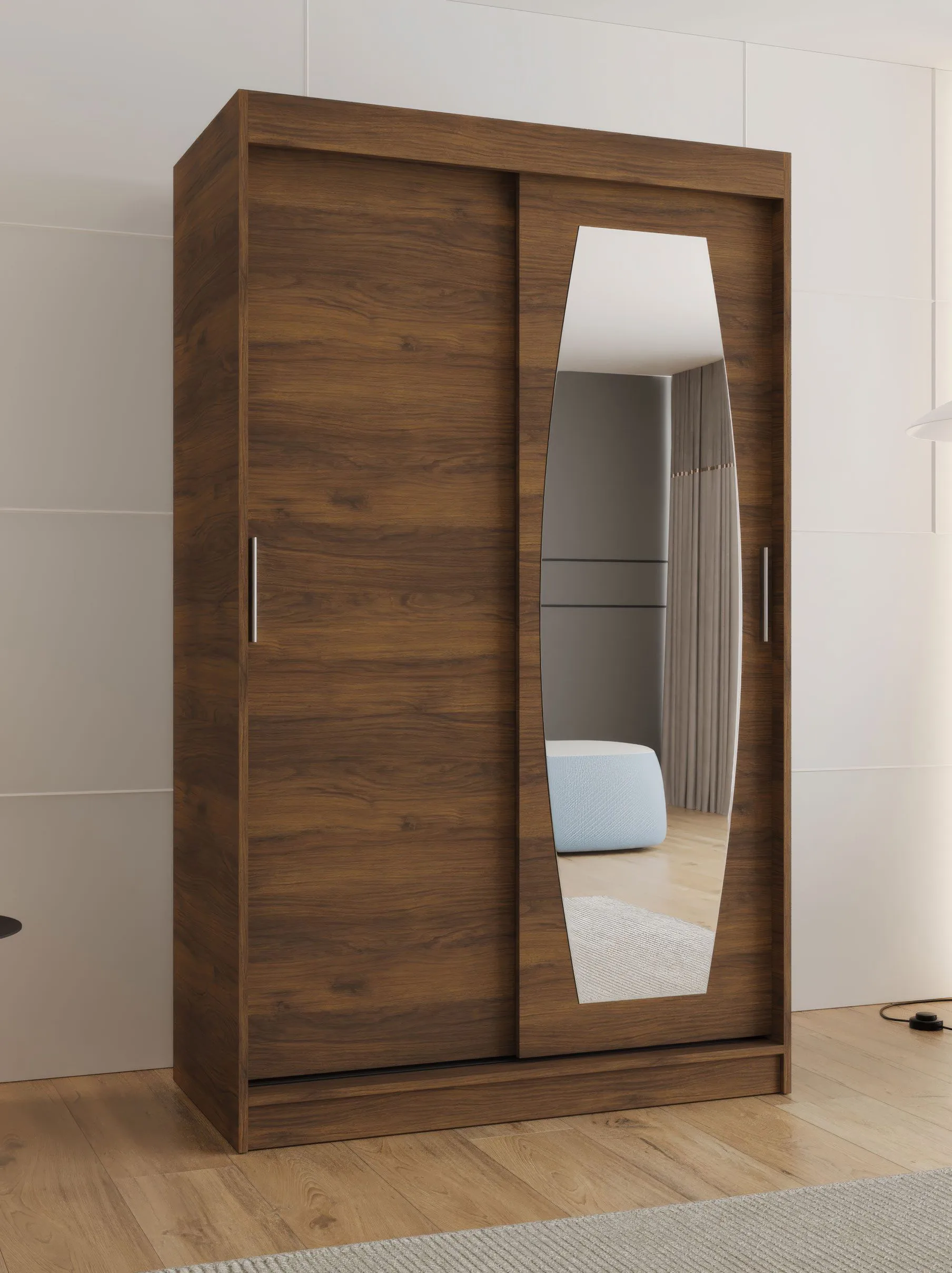Schiebetürenschrank / Kleiderschrank | Farbe: Walnuss | zwei Kleiderstangen | 1,2 Meter breit | Aluminiumschienen | eine Spiegeltür