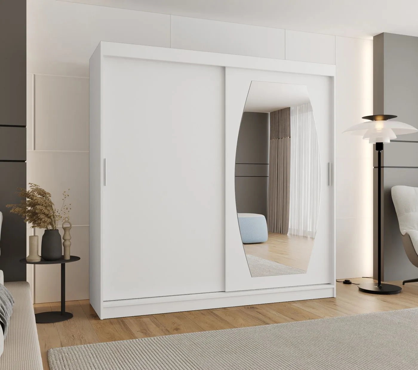 Kleiderschrank mit einer Spiegeltür Musala 18, Farbe: Weiß, 2 Meter breit, Aluminiumschienen, 10 Fächer, Schiebetürenschrank, zwei Kleiderstangen