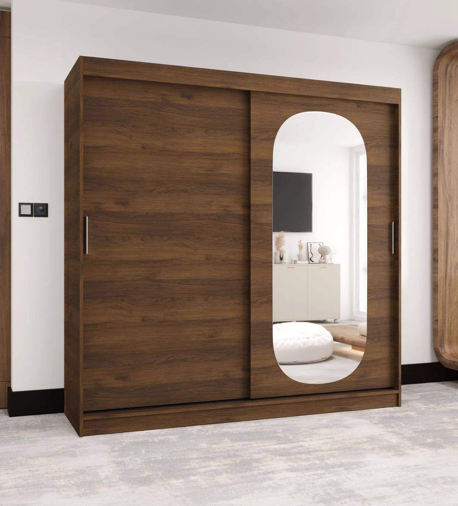 Kleiderschrank / Schiebetürenschrank | Farbe: Walnuss | Tür mit ovalen Spiegel | 2 Meter breit | 10 Fächer