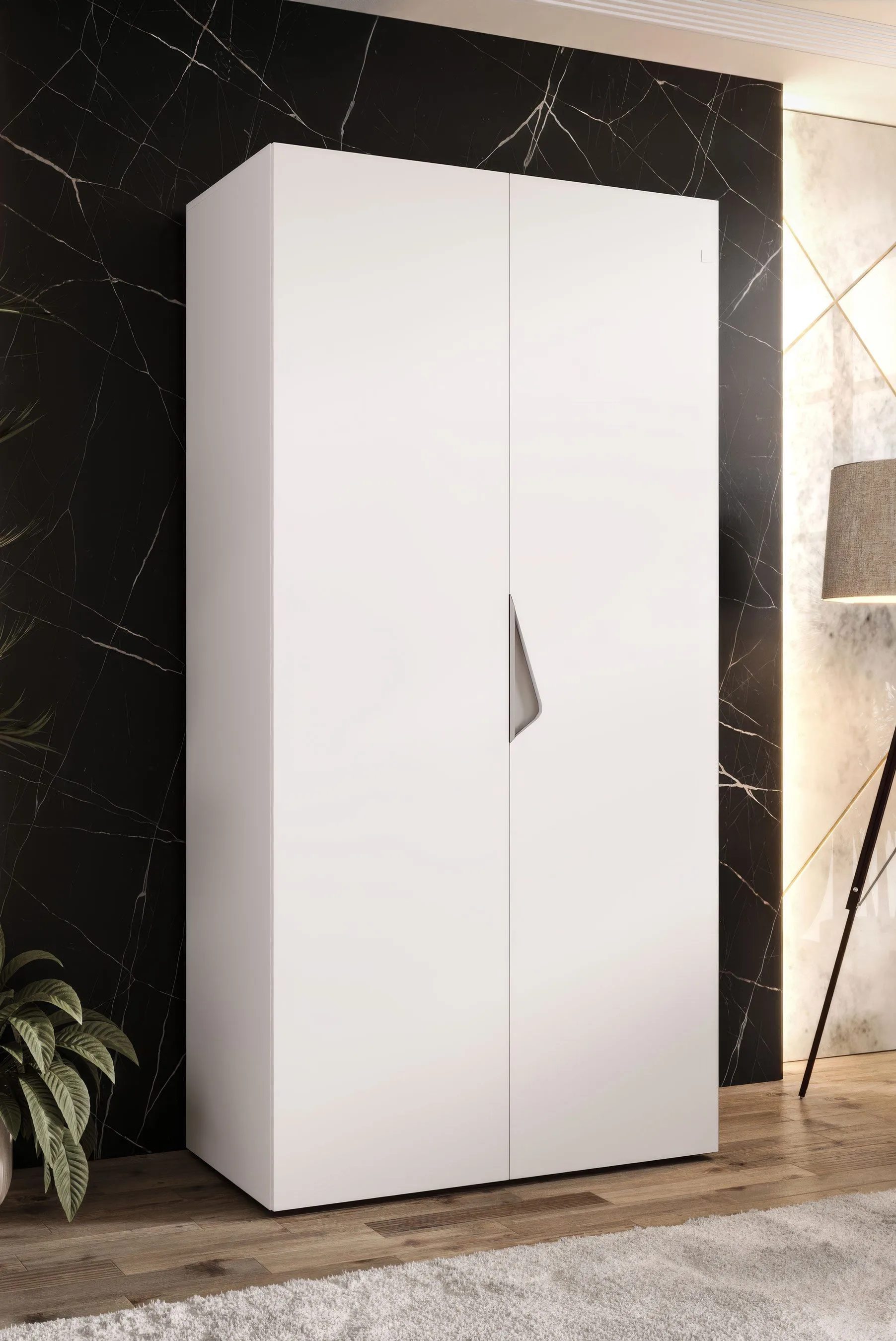 Drehtürenschrank / Kleiderschrank | 1 Meter breit | ABS-Kantenschutz | Griffe: Kaschmir | Farbe: Weiß | Maße: 100 x 52 x 202 cm