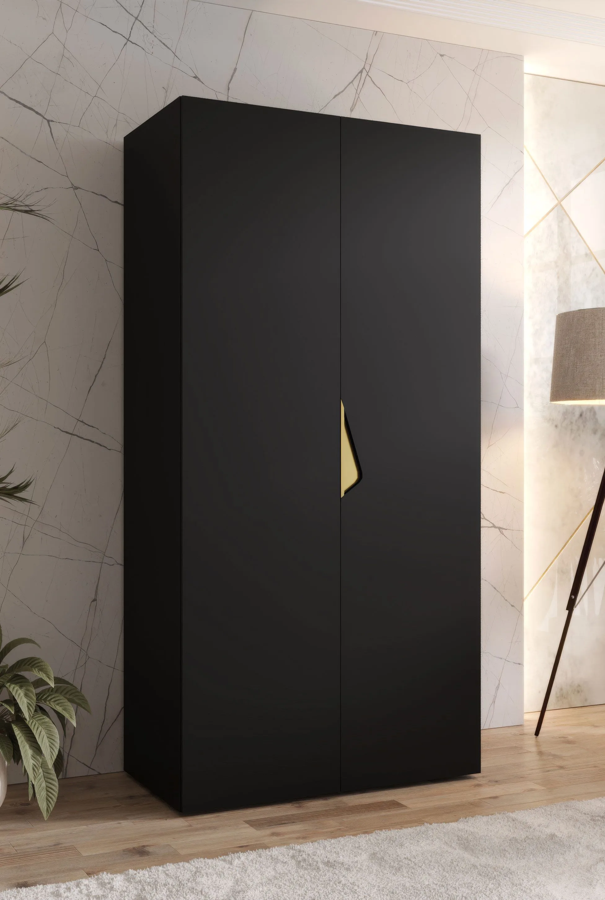 Drehtürenschrank / Kleiderschrank | 1 Meter breit | ABS-Kantenschutz | Griffe: Gold | Farbe: Schwarz | Maße: 100 x 52 x 202 cm