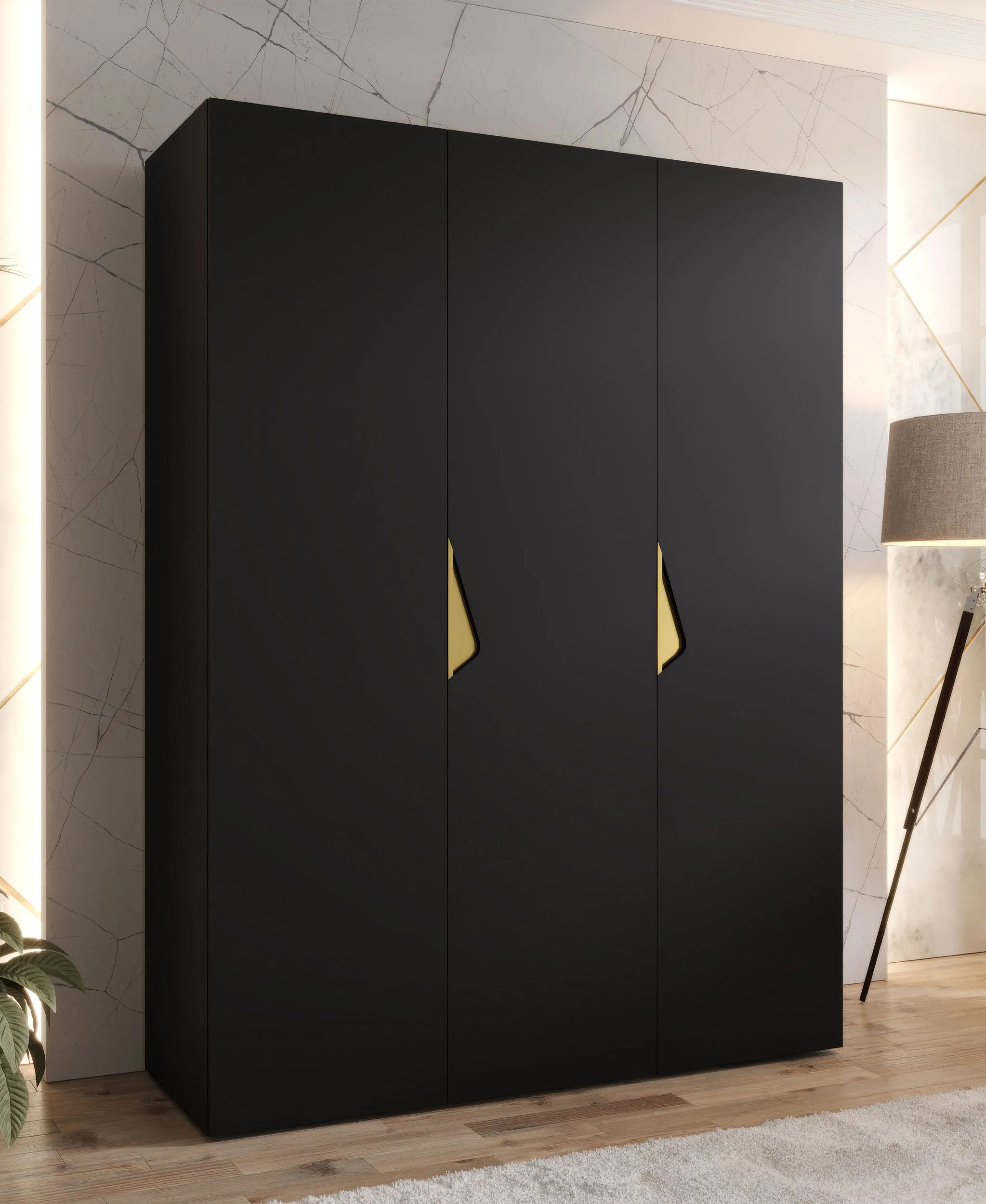 Kleiderschrank | 3 Türen | Farbe: Schwarz | Griffe: Gold | Maße: 150 x 52 x 202 cm | 2 Kleiderstangen | 2 Fächer