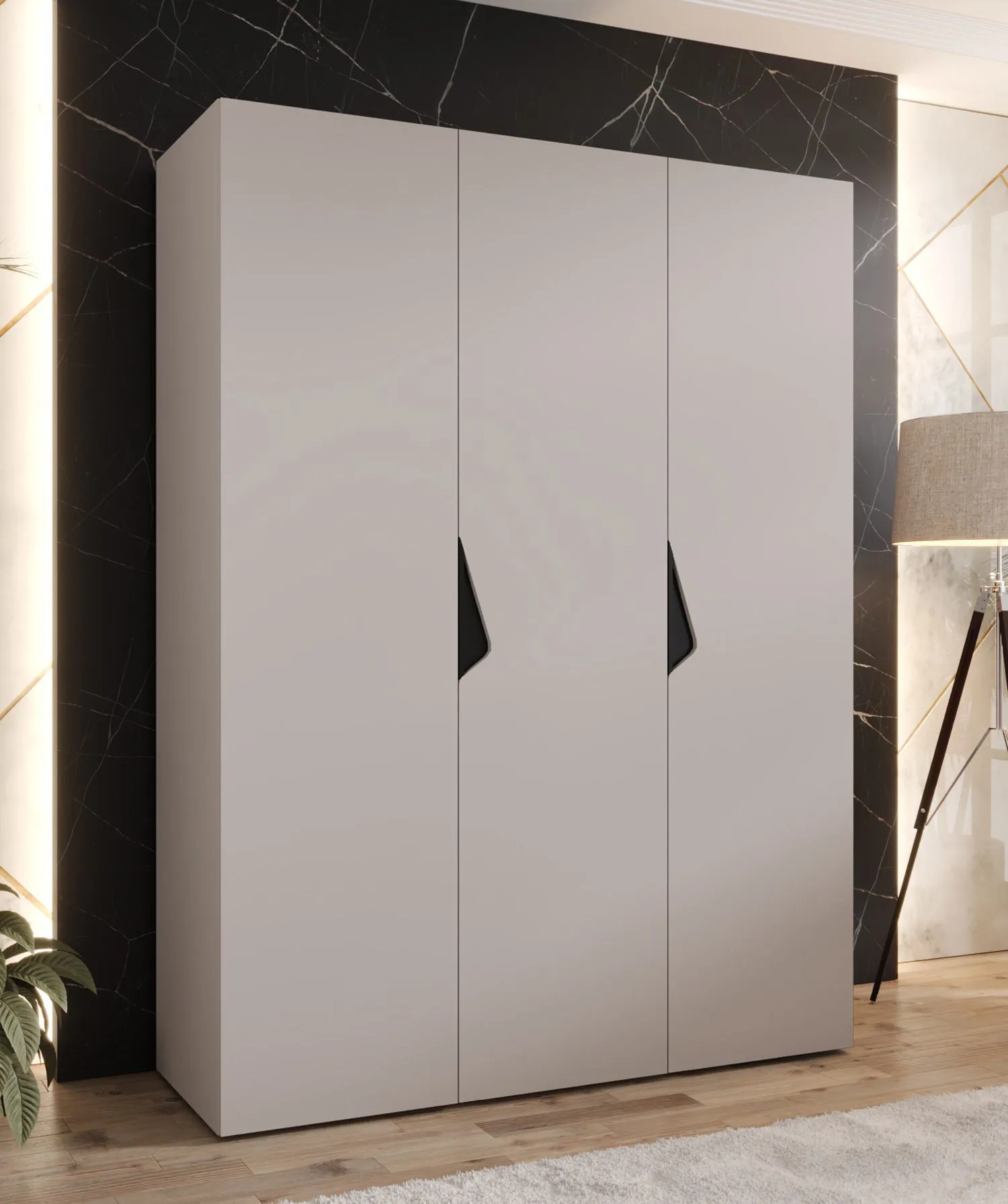 Kleiderschrank | 3 Türen | Farbe: Kaschmir | Griffe: Schwarz | Maße: 150 x 52 x 202 cm | 2 Kleiderstangen | 2 Fächer