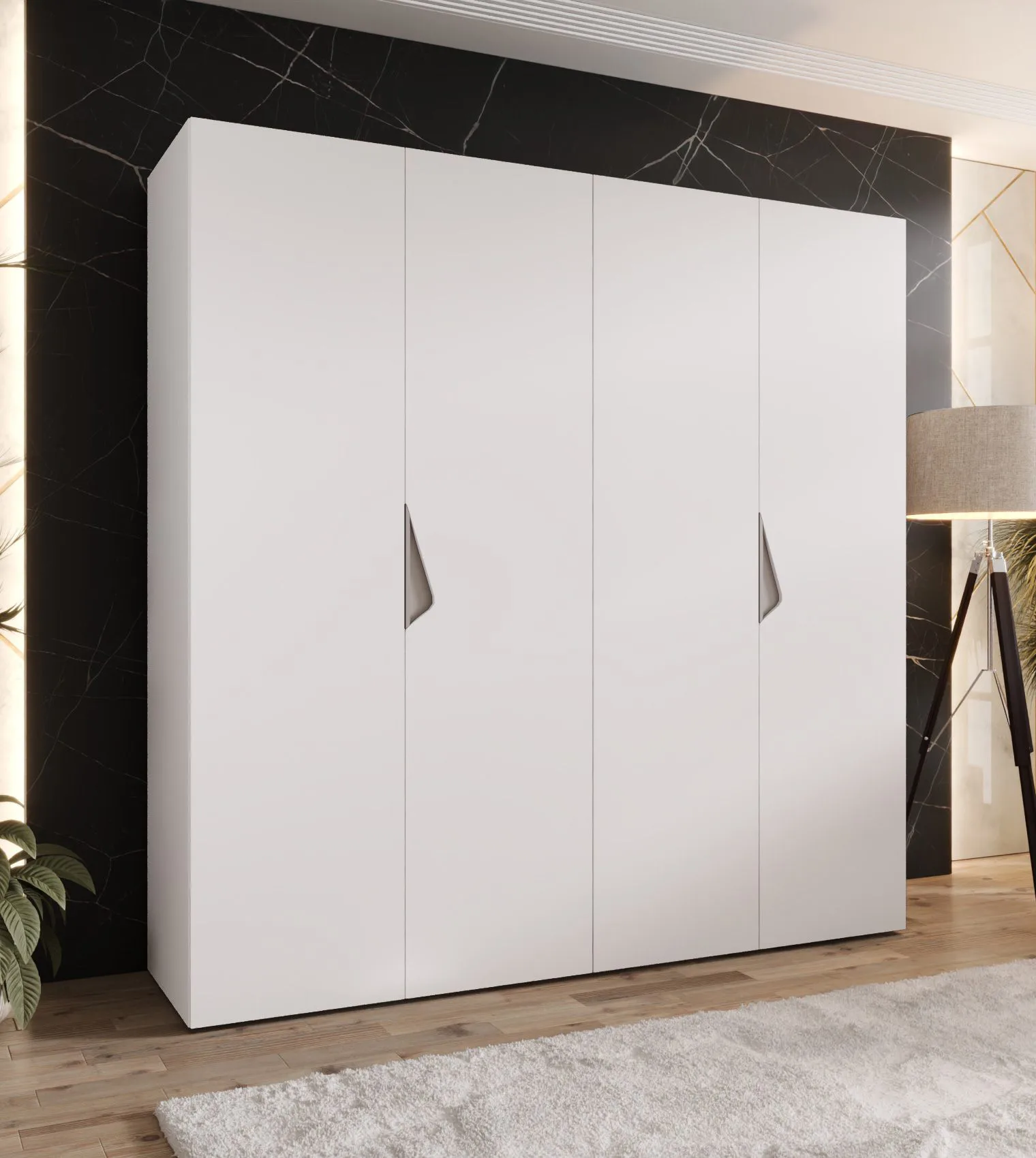 Drehtürenschrank | 2 Meter breit | 2 Kleiderstangen | Farbe: Weiß | Griffe: Kaschmir | Maße: 200 x 52 x 202 cm | Kleiderschrank | 2 Fächer