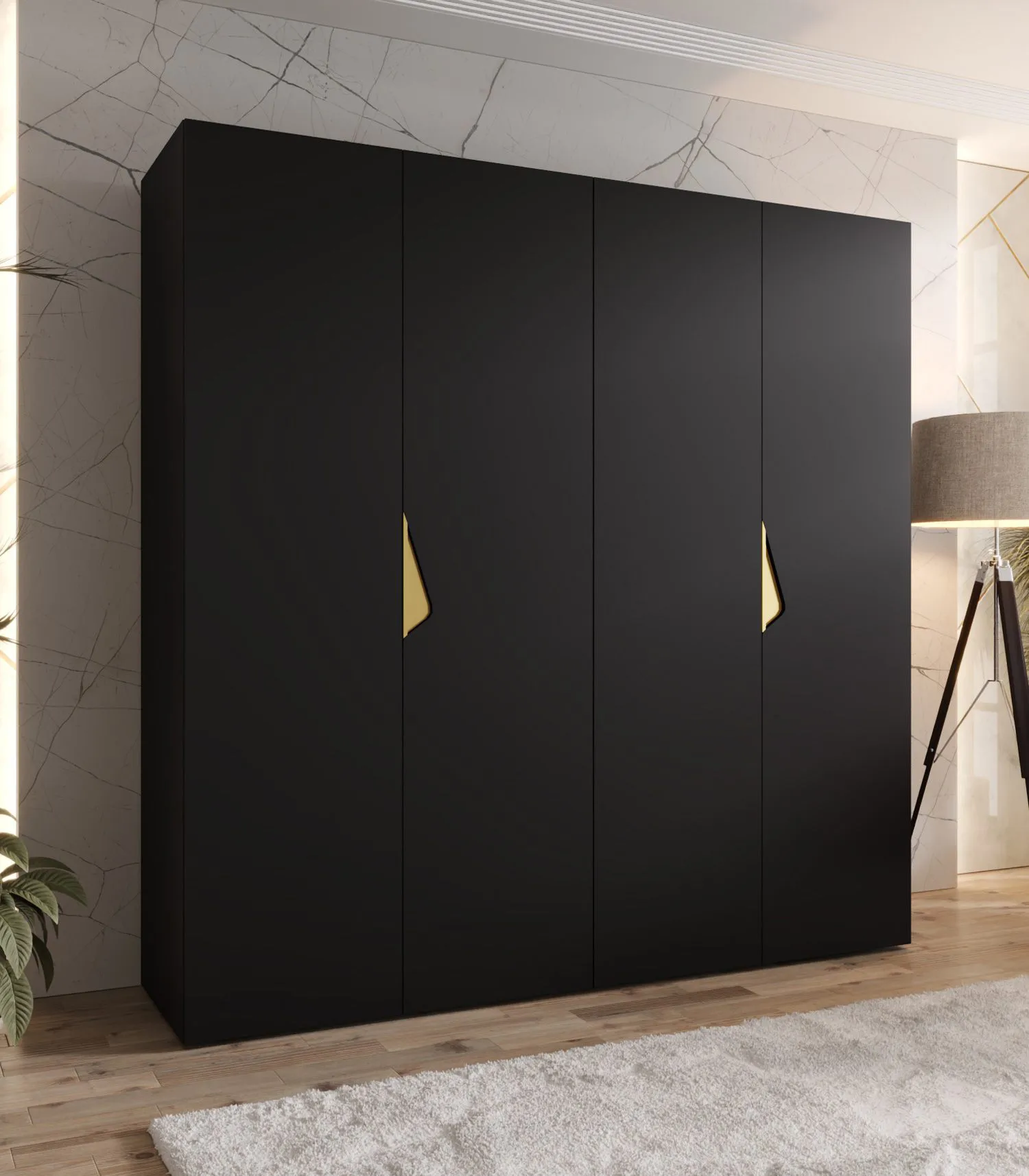 Drehtürenschrank | 2 Meter breit | 2 Kleiderstangen | Farbe: Schwarz | Griffe: Gold | Maße: 200 x 52 x 202 cm | Kleiderschrank | 2 Fächer