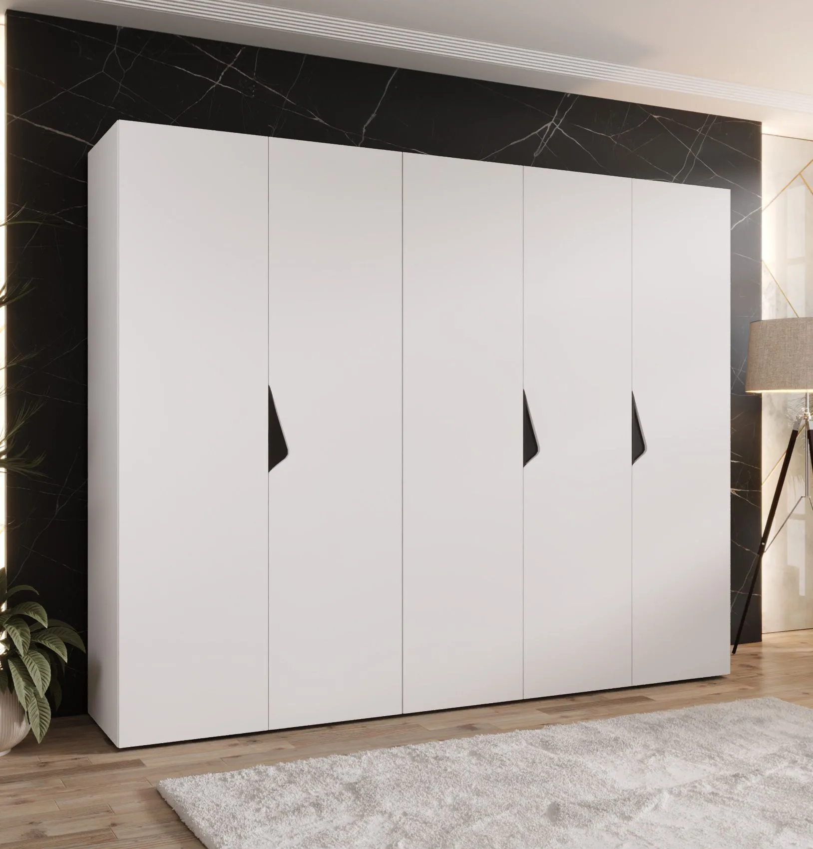 Kleiderschrank | 5-Türig | Farbe: Weiß | 2,5 Meter breit | Griffe: Schwarz | 3 Kleiderstangen | 3 Fächer | Maße: 250 x 52 x 202 cm