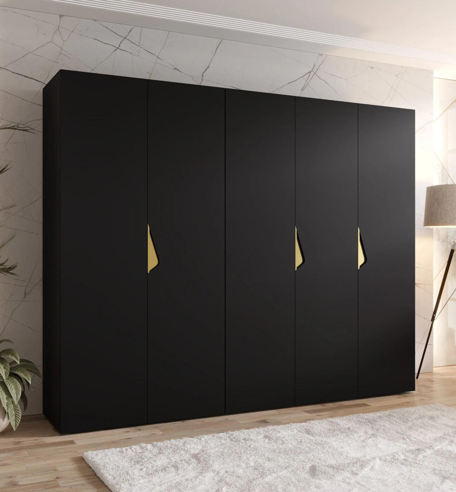 Kleiderschrank | 5-Türig | Farbe: Schwarz | 2,5 Meter breit | Griffe: Gold | 3 Kleiderstangen | 3 Fächer | Maße: 250 x 52 x 202 cm