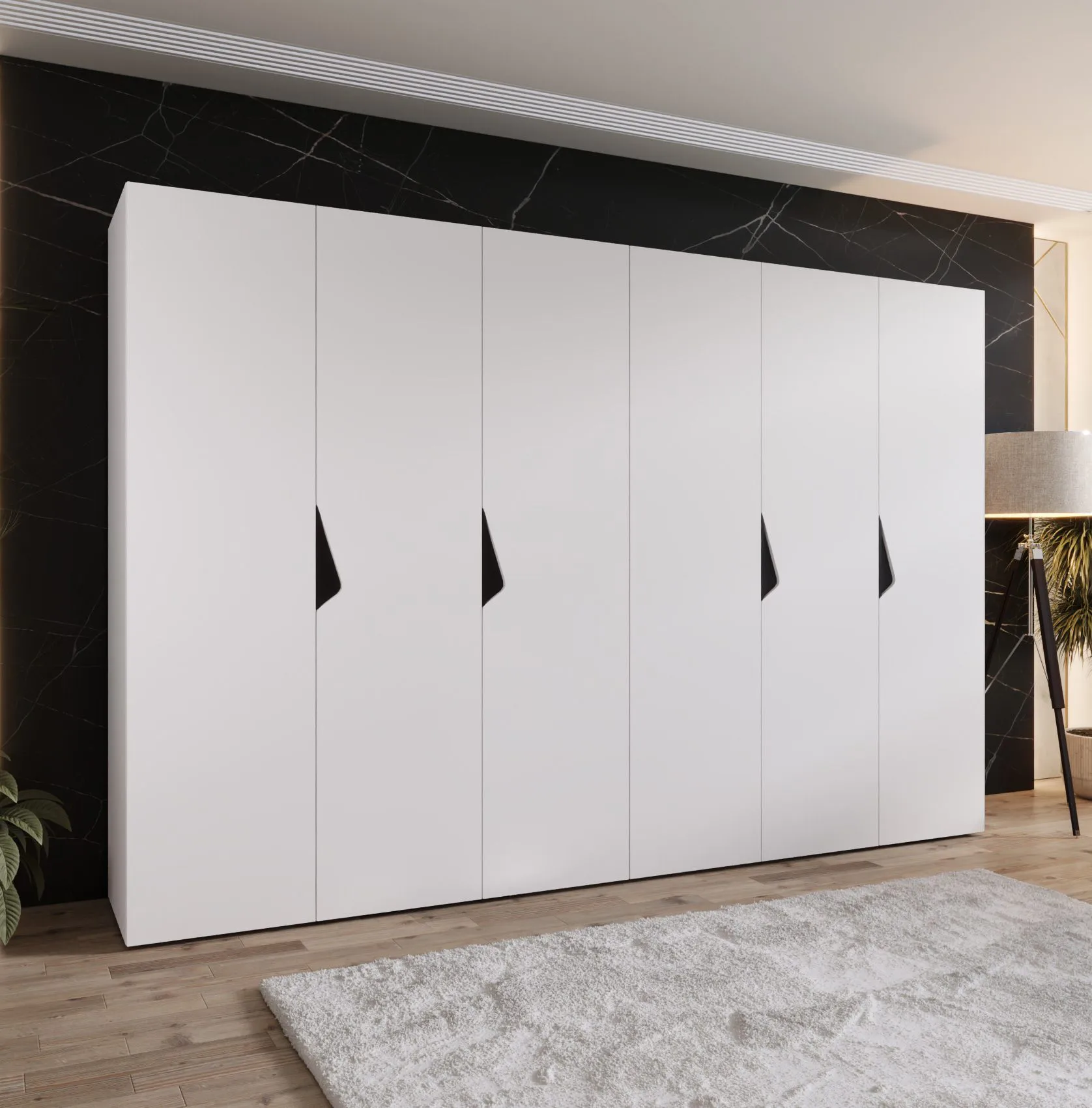 Drehtürenschrank / Kleiderschrank | Farbe: Weiß | 3 Meter breit | 6-Türig | Griffe: Schwarz | 4 Fächer | Maße: 300 x 52 x 202 cm