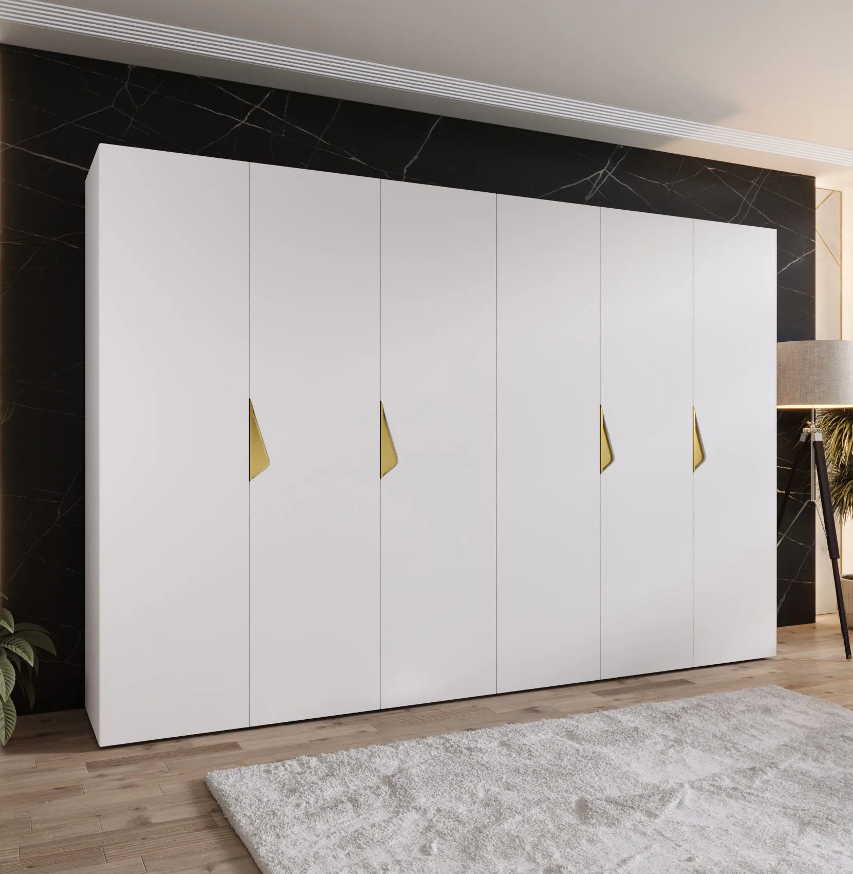 Drehtürenschrank / Kleiderschrank | Farbe: Weiß | 3 Meter breit | 6-Türig | Griffe: Gold | 4 Fächer | Maße: 300 x 52 x 202 cm