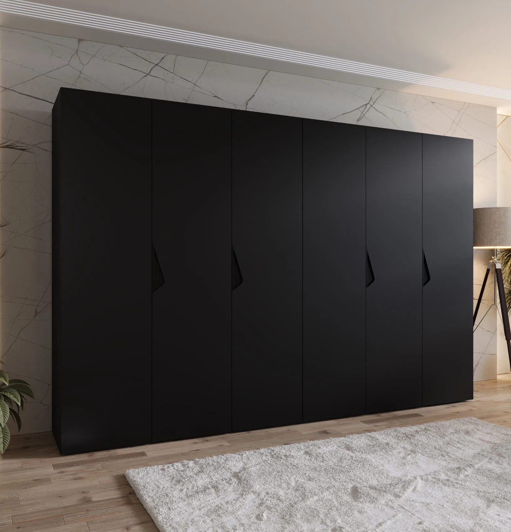 Drehtürenschrank / Kleiderschrank | Farbe: Schwarz | 3 Meter breit | 6-Türig | Griffe: Schwarz | 4 Fächer | Maße: 300 x 52 x 202 cm