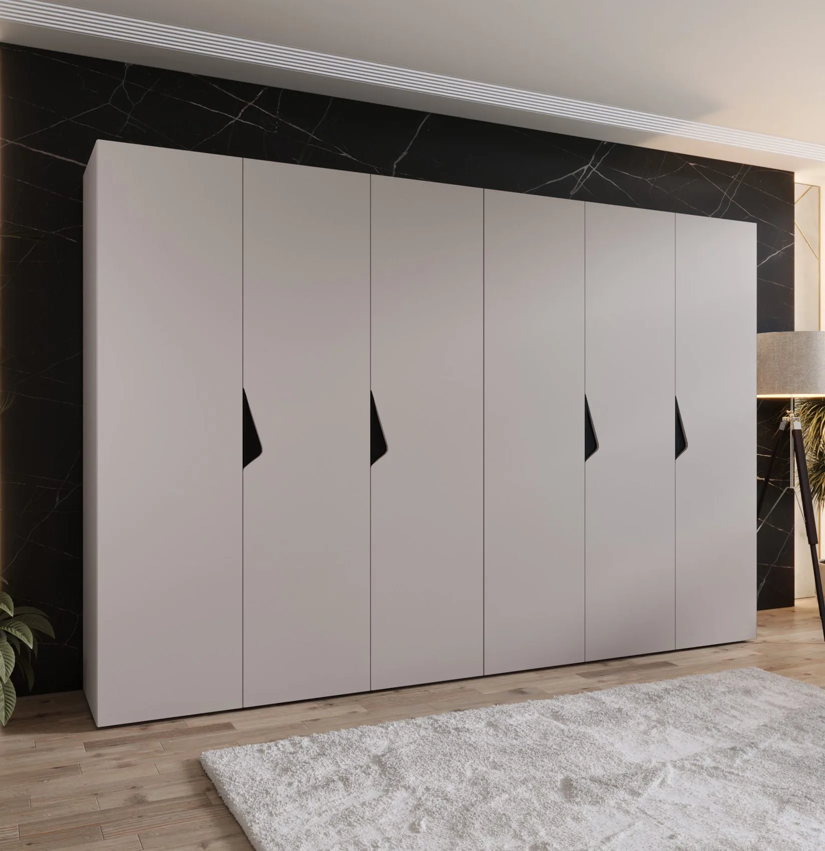 Drehtürenschrank / Kleiderschrank | Farbe: Kaschmir | 3 Meter breit | 6-Türig | Griffe: Schwarz | 4 Fächer | Maße: 300 x 52 x 202 cm