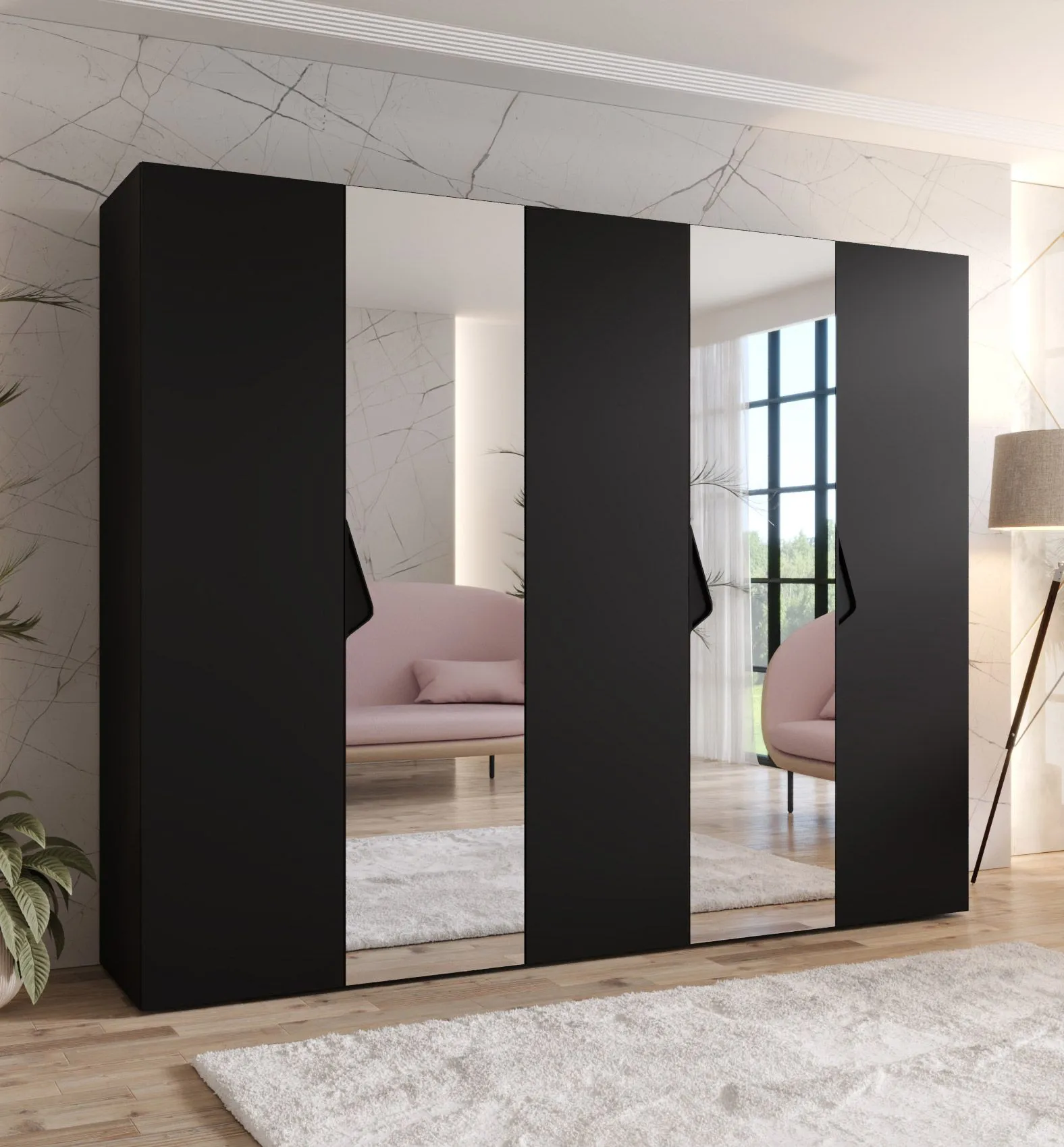 Kleiderschrank | 2 Spiegeltüren | Farbe: Schwarz | 2,5 Meter breit | 3 Fächer | Griffe: Schwarz | 3 Kleiderstangen | Maße: 250 x 52 x 202 cm