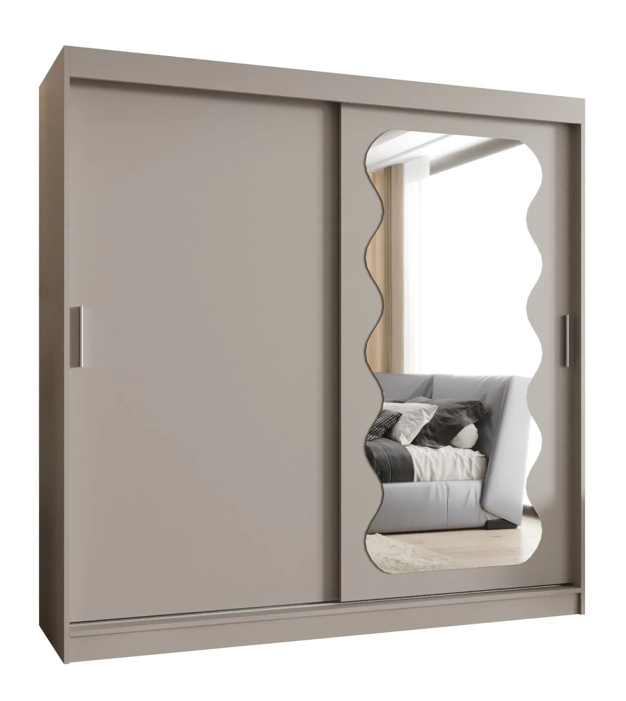 Kleiderschrank / Schiebetürenschrank Bernina 20, Farbe: Kaschmir, Aluminiumschienen, 2 Meter breit, eine Tür mit Spiegel, zwei Kleiderstangen, 10 Fächer