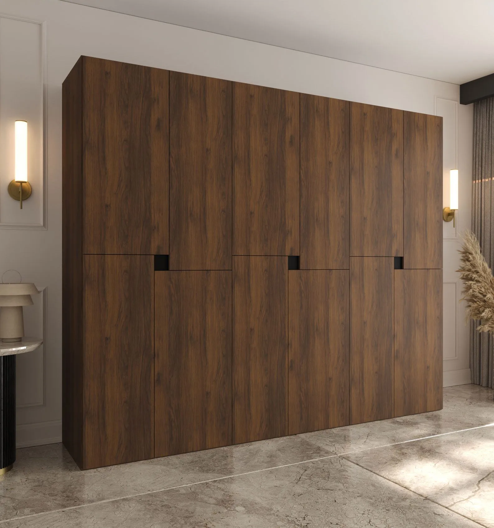 Drehtürenschrank / Kleiderschrank | Farbe: Walnuss Warmia | 12 Drehtüren | 9 Fächer | 3 Kleiderstangen | 240 x 52 x 203 cm | hochwertig Verarbeitet | grifflose Türen