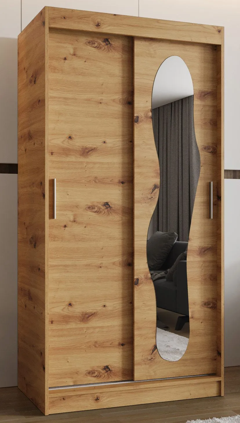 Kleiderschrank Lagginhorn 01, Farbe: Eiche Artisan, 1 Meter breit, ein Spiegel, fünf Fächer, Schiebetürenschrank, zwei Kleiderstangen, Aluminiumschienen