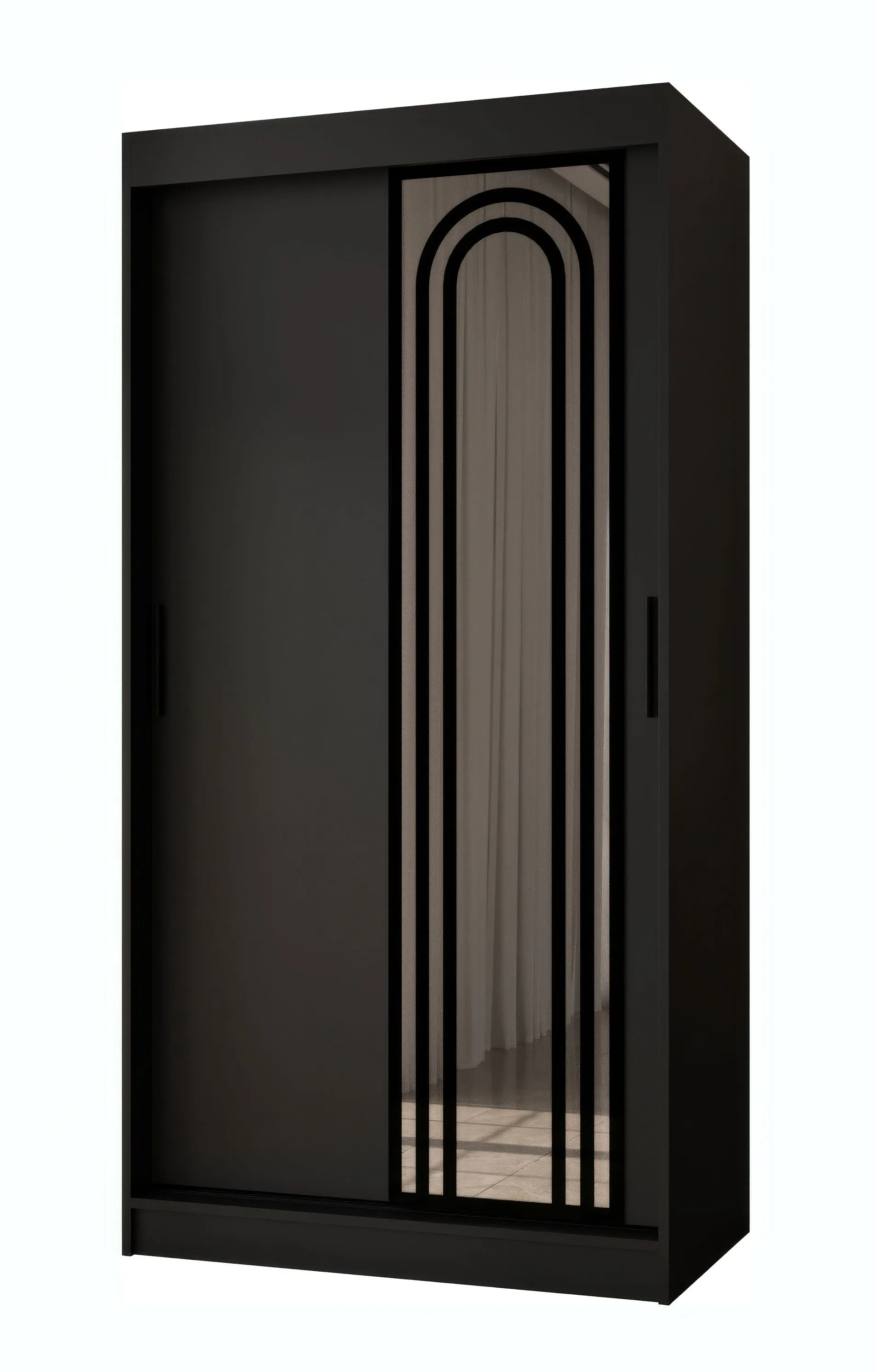 Schiebetürenschrank | Schwarz Matt | 5 Fächer | 2 Kleiderstangen | hochwertig Verarbeitet | 100 x 62 x 200 cm | Kleiderschrank | Spiegeltür