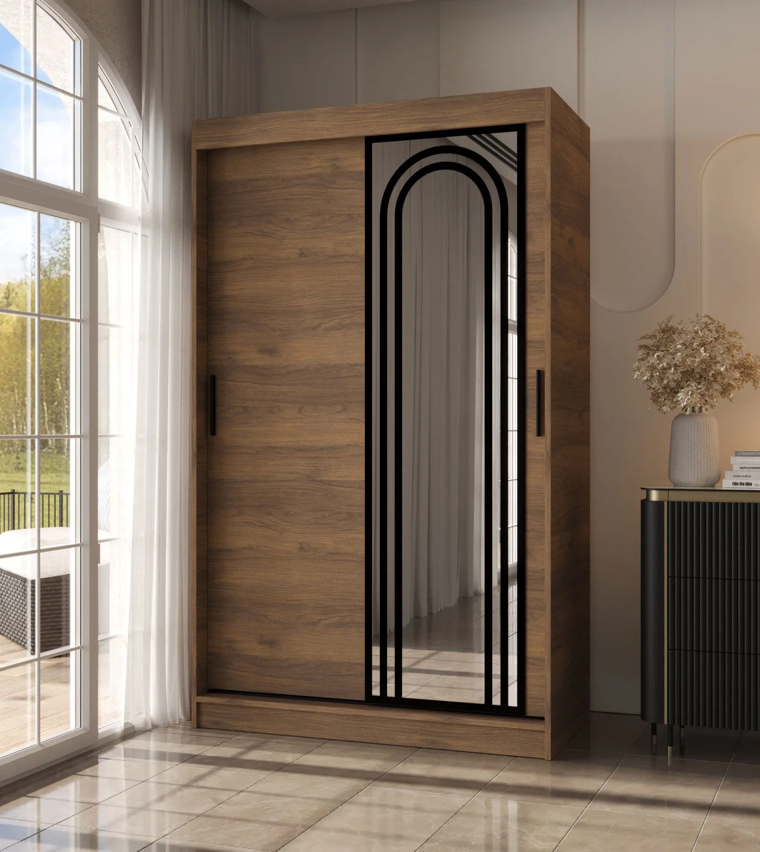 Kleiderschrank | Farbe: Walnuss Warmia | 5 Fächer | 2 Kleiderstangen | hochwertig Verarbeitet | 120 x 62 x 200 cm | Schiebetürenschrank | Spiegeltür