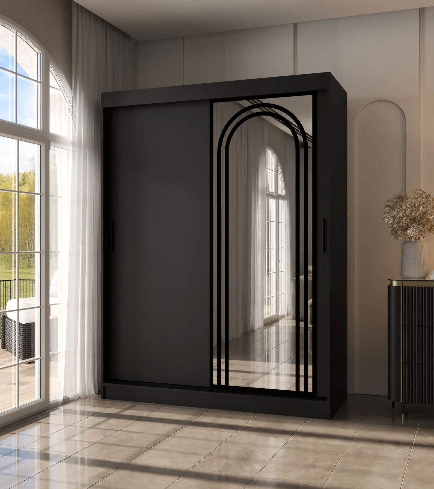 Schiebetürenschrank / Kleiderschrank | Schwarz Matt | 5 Fächer | 2 Kleiderstangen | 150 x 62 x 200 cm | hochwertig Verarbeitet