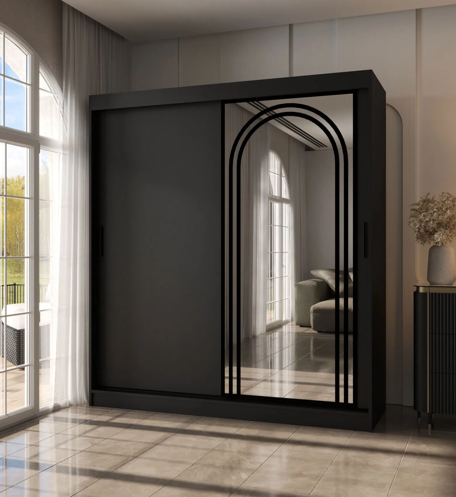 Kleiderschrank / Schiebetürenschrank | Schwarz Matt | 10 Fächer | 2 Kleiderstangen | dekorative Spiegeltür | 180 x 62 x 200 cm
