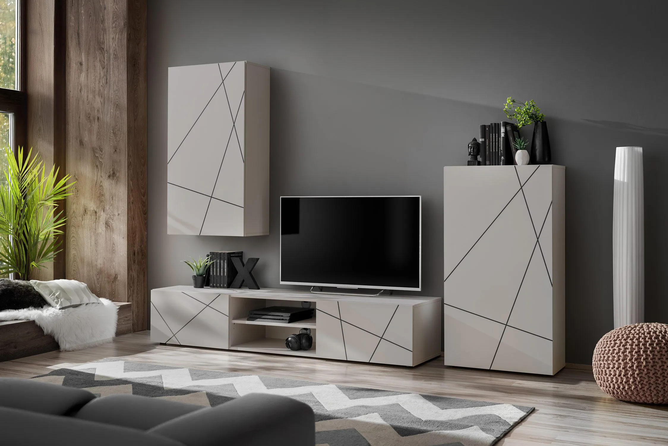 Wohnwand | Farbe: Kaschmir | Maße: 250 x 45 x 180 cm | 1 Schrank | 1 TV-Unterschrank | 1 Hängeschrank | modernes Design | 7 Fächer