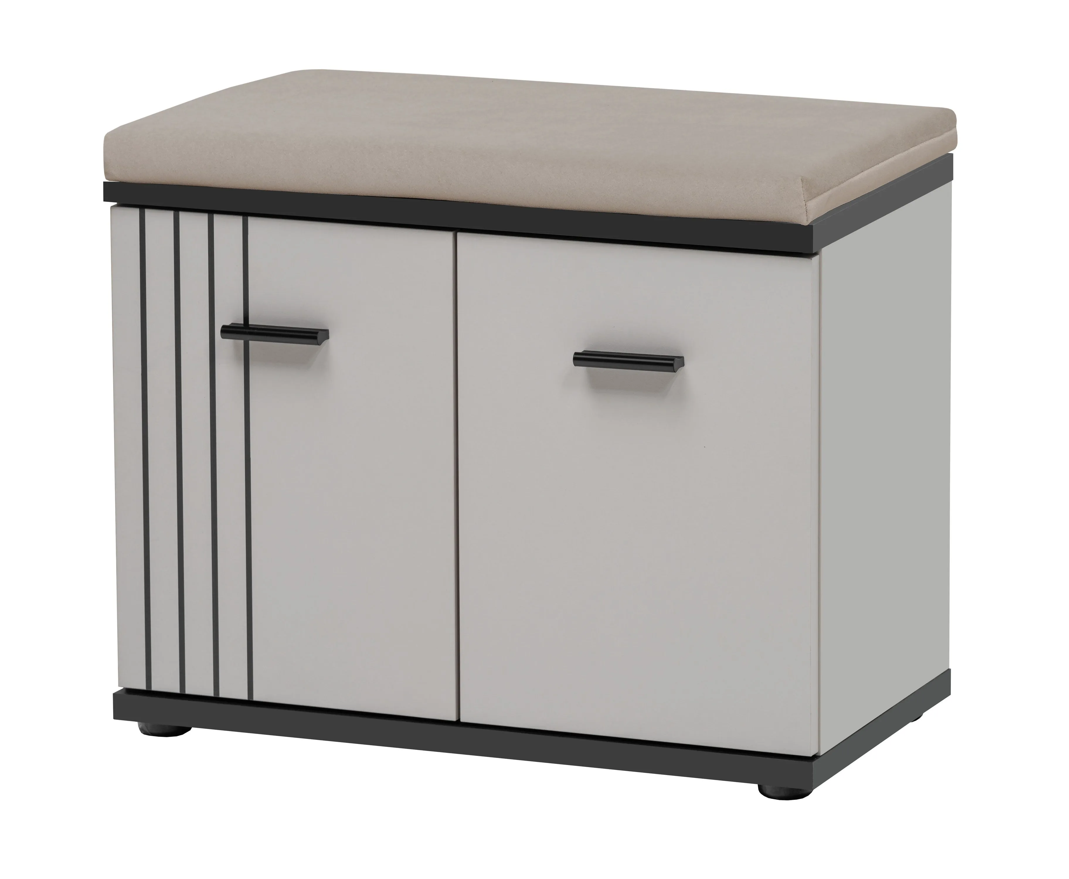 Schuhschrank | inkl. Sitzkissen | 2 Drehtüren | Farbe: Kaschmir / Schwarz / Beige | 2 Fächer | Maße: 60 x 32 x 46 cm | Sitzgelegenheit