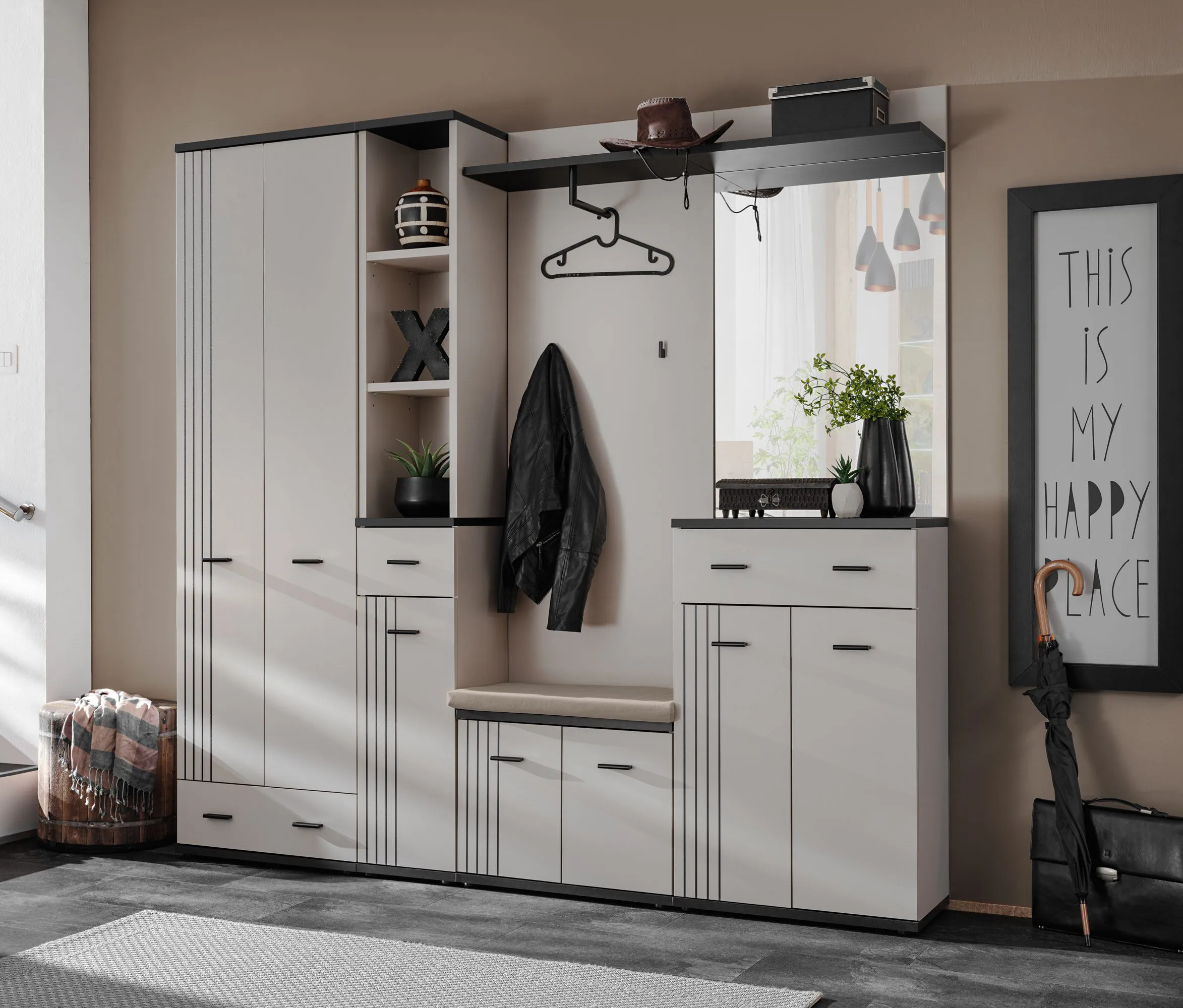 Garderobe | inkl. Sitzkissen | viel Stauraum | Farbe: Kaschmir / Schwarz | Spiegel | 2 Haken | Maße: 210 x 32 x 203 cm | 3 Schubladen