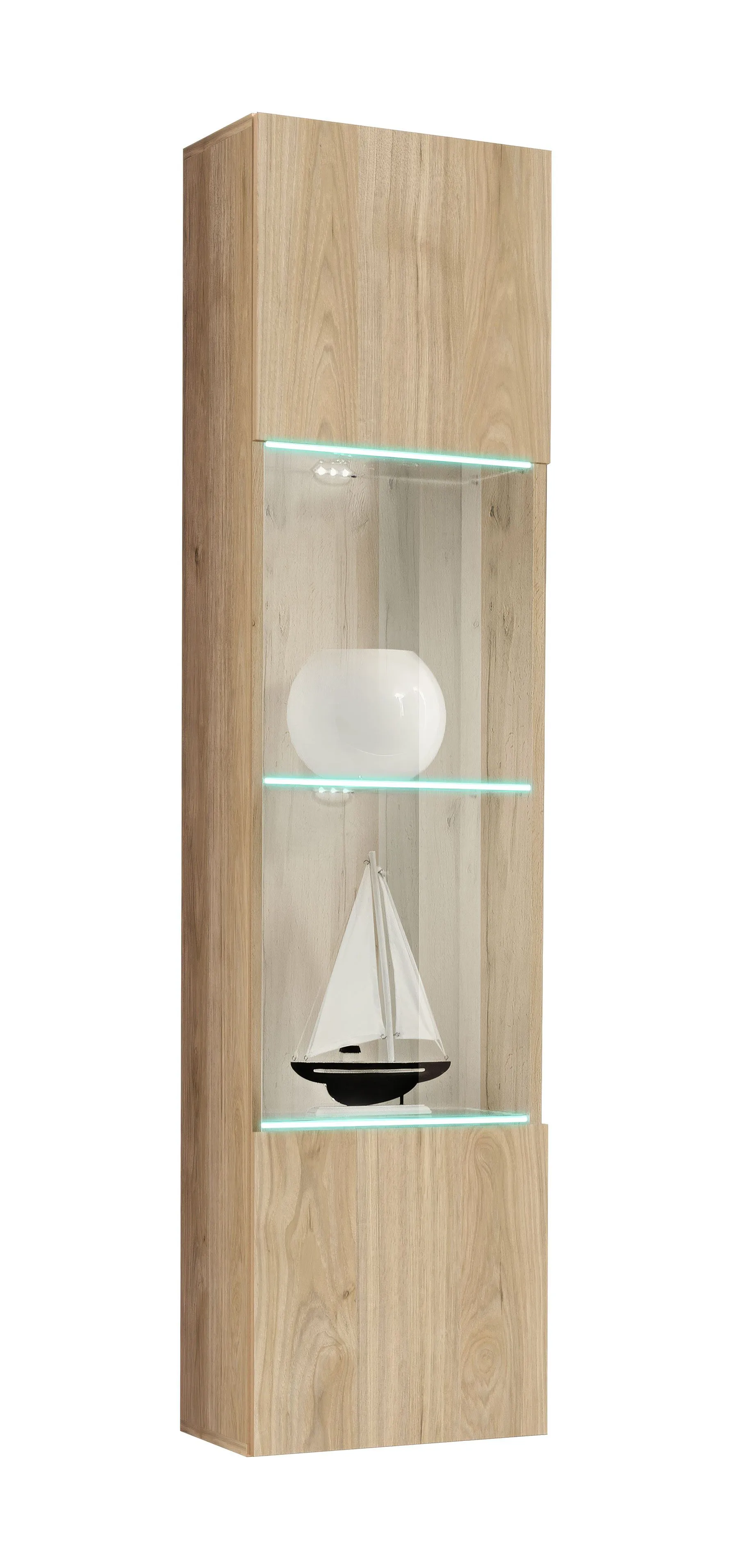 Hängevitrine | Push-to-open Funktion | 1 Glastür | Farbe: Eiche Hickory Jackson | 4 Fächer | Maße: 40 x 29 x 170 cm