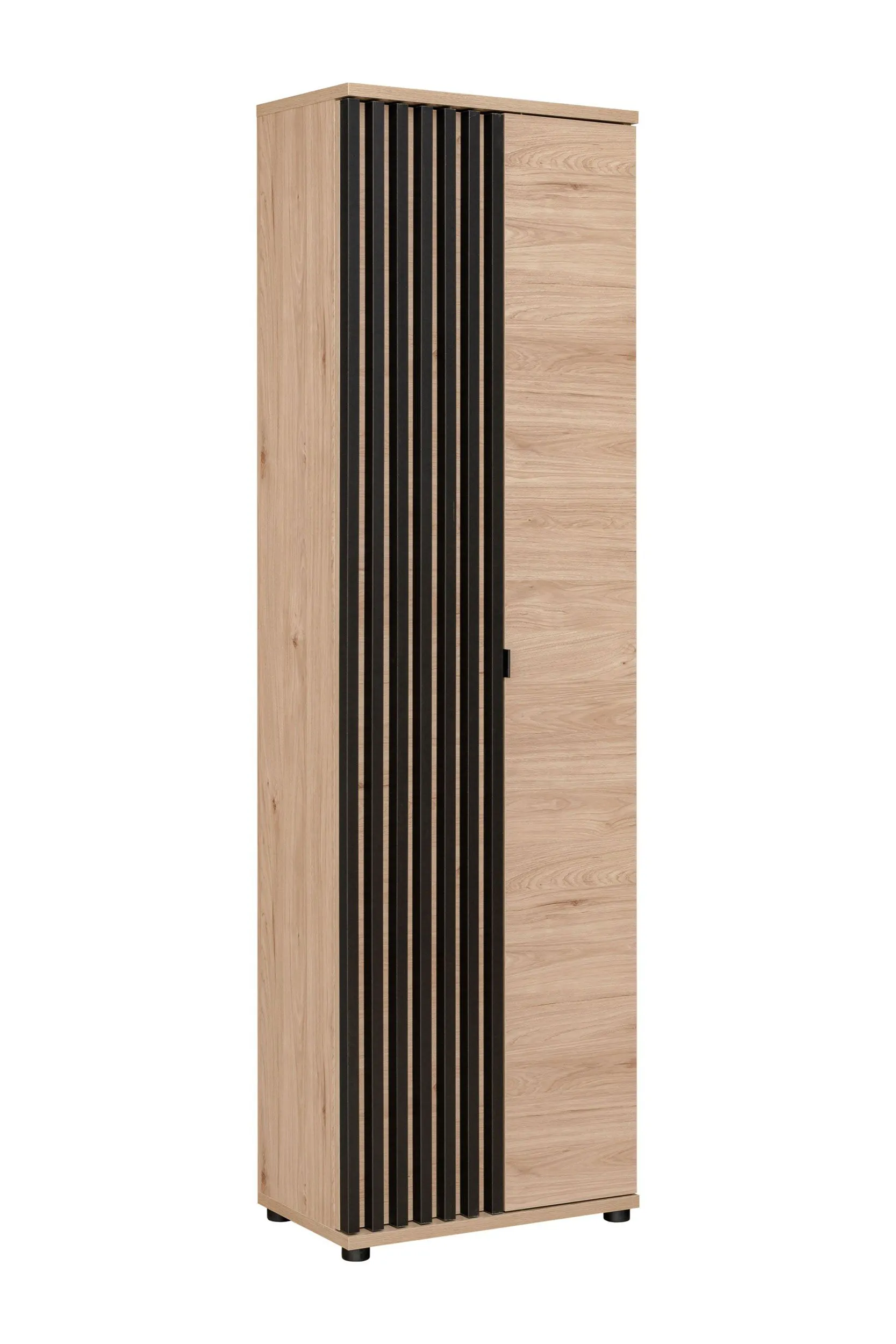 Schmaler Schrank mit fünf Fächer Angvik 01, Farbe: Eiche / Schwarz, Maße: 202,5 x 60 x 35 cm, ausziehbare Kleiderstange, genügend Stauraum