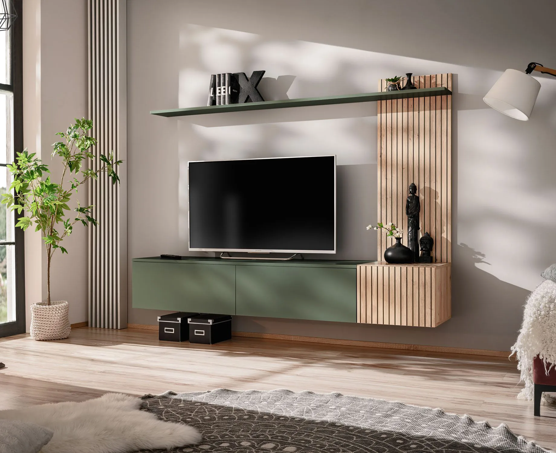 Wohnwand | Farbe: Eiche Hickory Jackson / Grün | Push-to-open Funktion | 180 x 40 x 130 cm | 1 TV-Unterschrank
