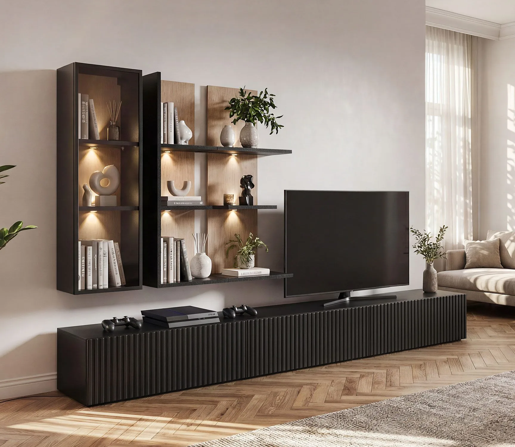 Wohnwand | 3 Meter lang | Farbe: Schwarz / Eiche Vicking | geriffelte Front | inkl. Integrierte LED-Beleuchtung | 1 Vitrine | 2 Wandregale