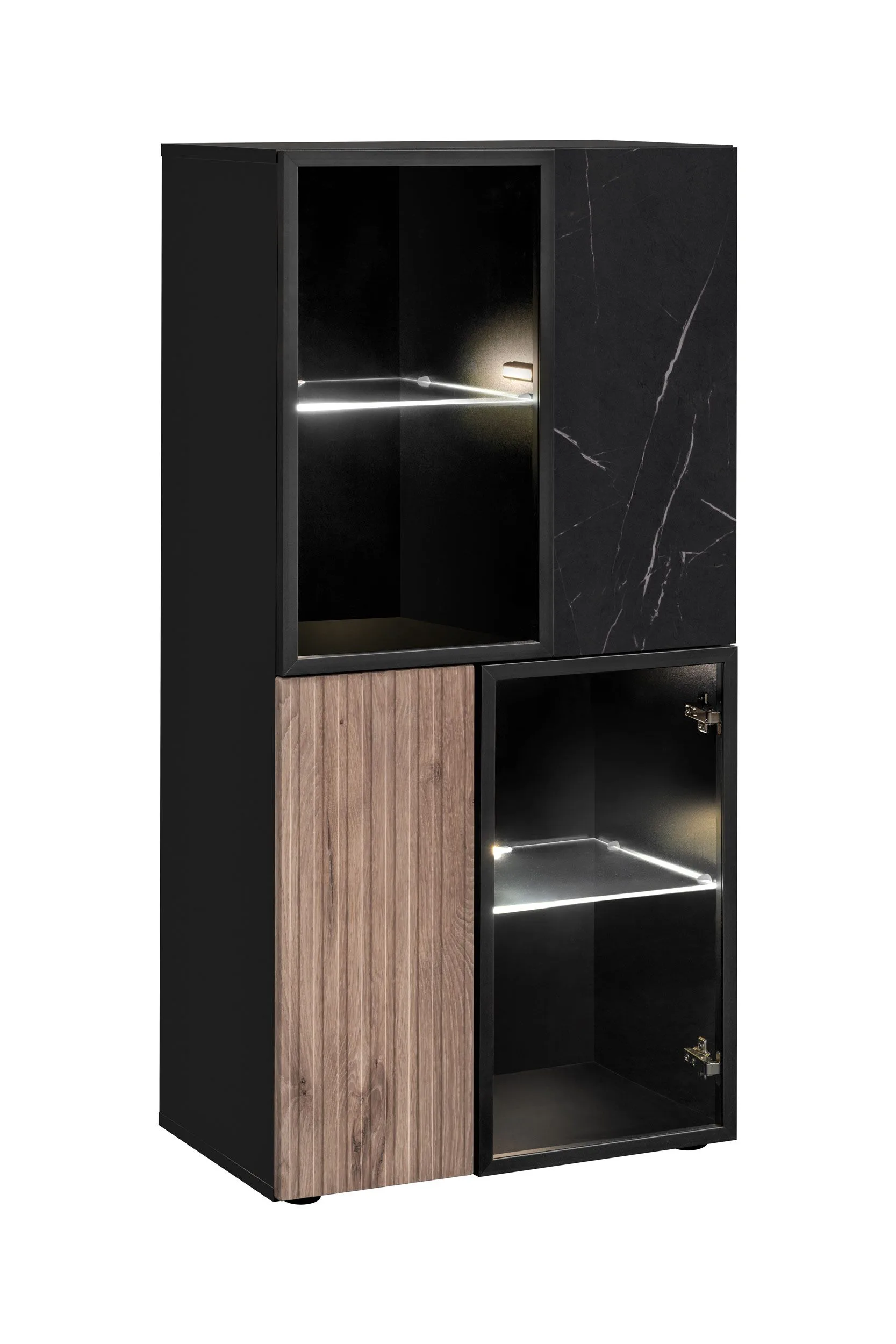 Vitrine | geriffelte Front | Farbe: Schwarz / Eiche Vicking / Schwarzer Marmor | 60 x 40 x 122 cm | Push-to-open Funktion | inkl. LED-Beleuchtung