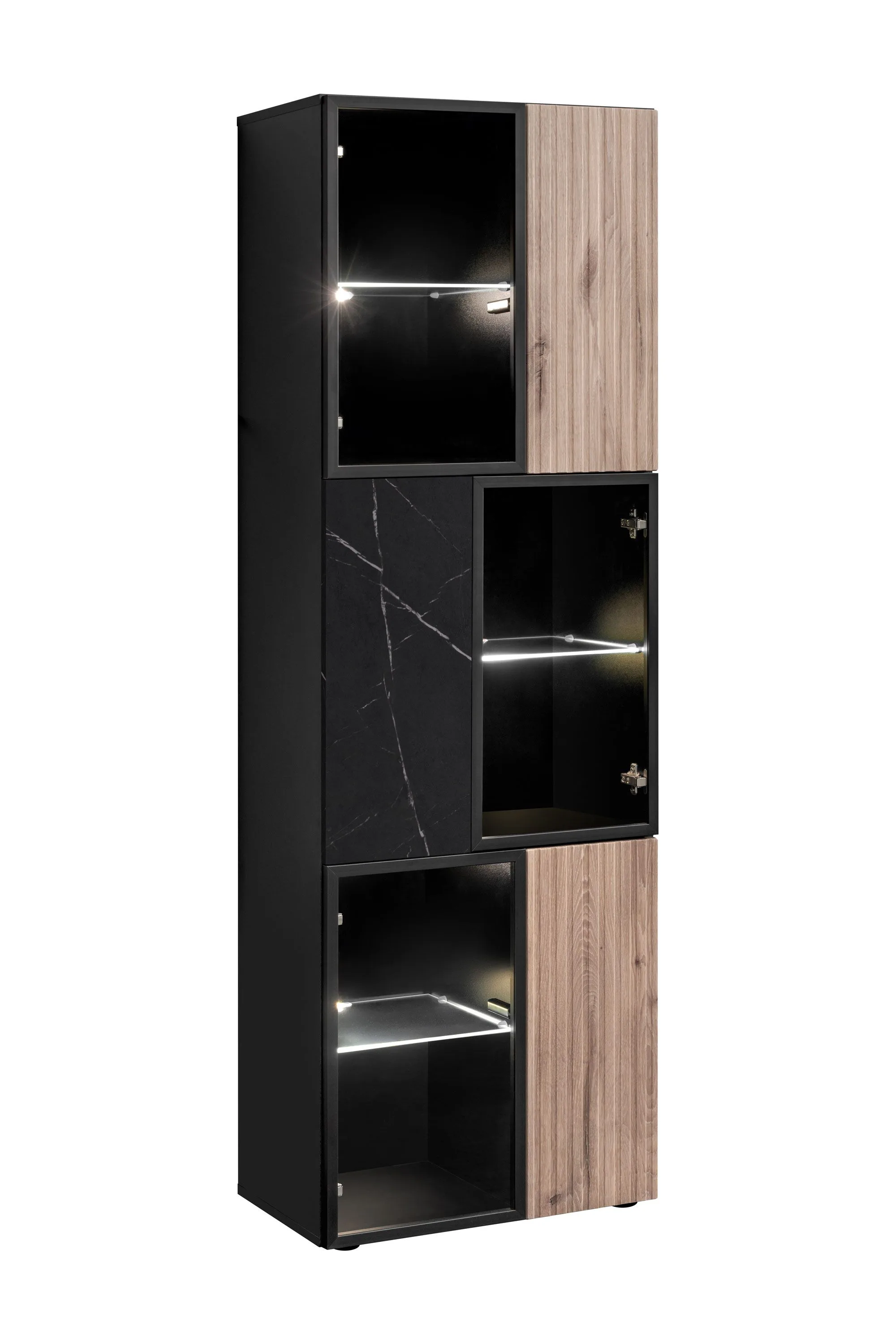 Vitrine | Farbe: Schwarz / Eiche Vicking / Schwarzer Marmor | inkl. LED-Beleuchtung | 6 Türen | Push-to-open Funktion | 60 x 40 x 182 cm