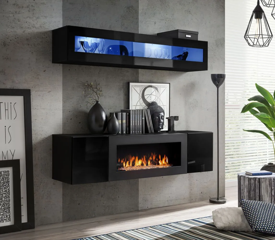 Außergewöhnliche Hängevitrine und Kommode mit Kamin Hompland 128, Farbe: Schwarz
