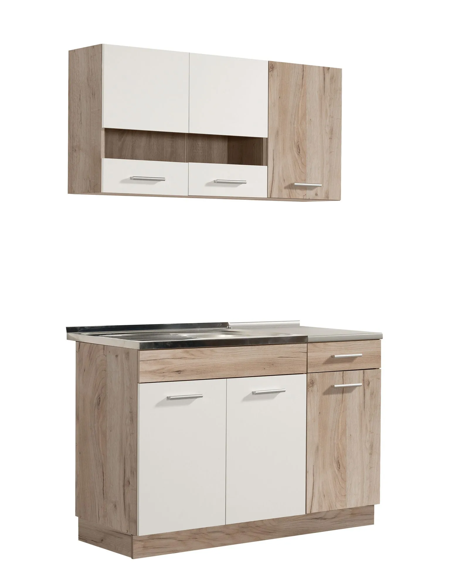 Einfache Küchenzeile / Küchenblock Kolubara 09, Farbe: Eiche Grau / Weiß, ABS-Kantenschutz, eine Schublade, ein Hängeschrank, 120 cm breit