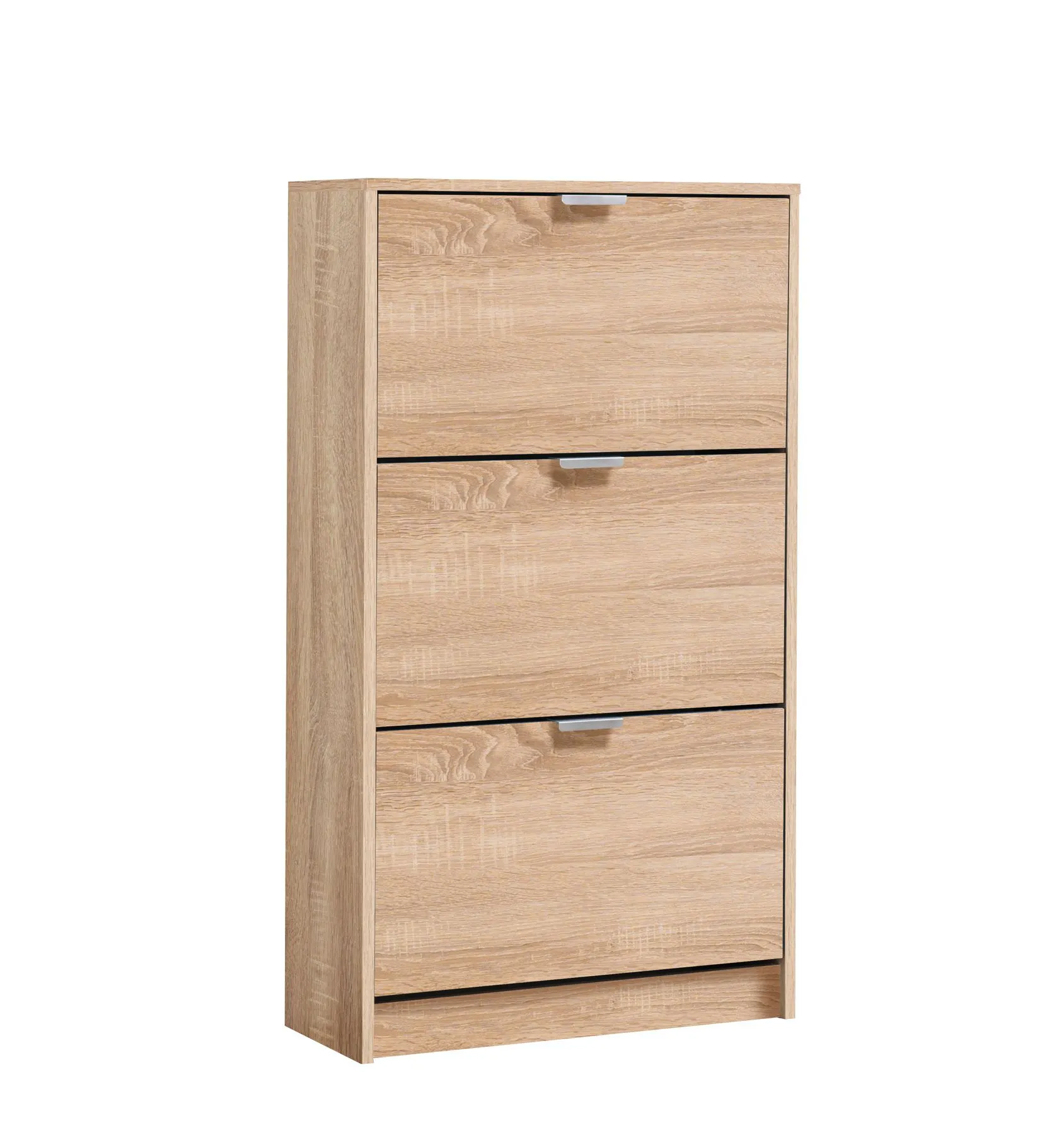 Kleiner Schuhschrank Gradide 01, Farbe: Eiche Sonoma, ABS-Kanten, drei Kipptüren, Maße: 119 x 67 x 28 cm, sechs Fächer, gute Verarbeitung