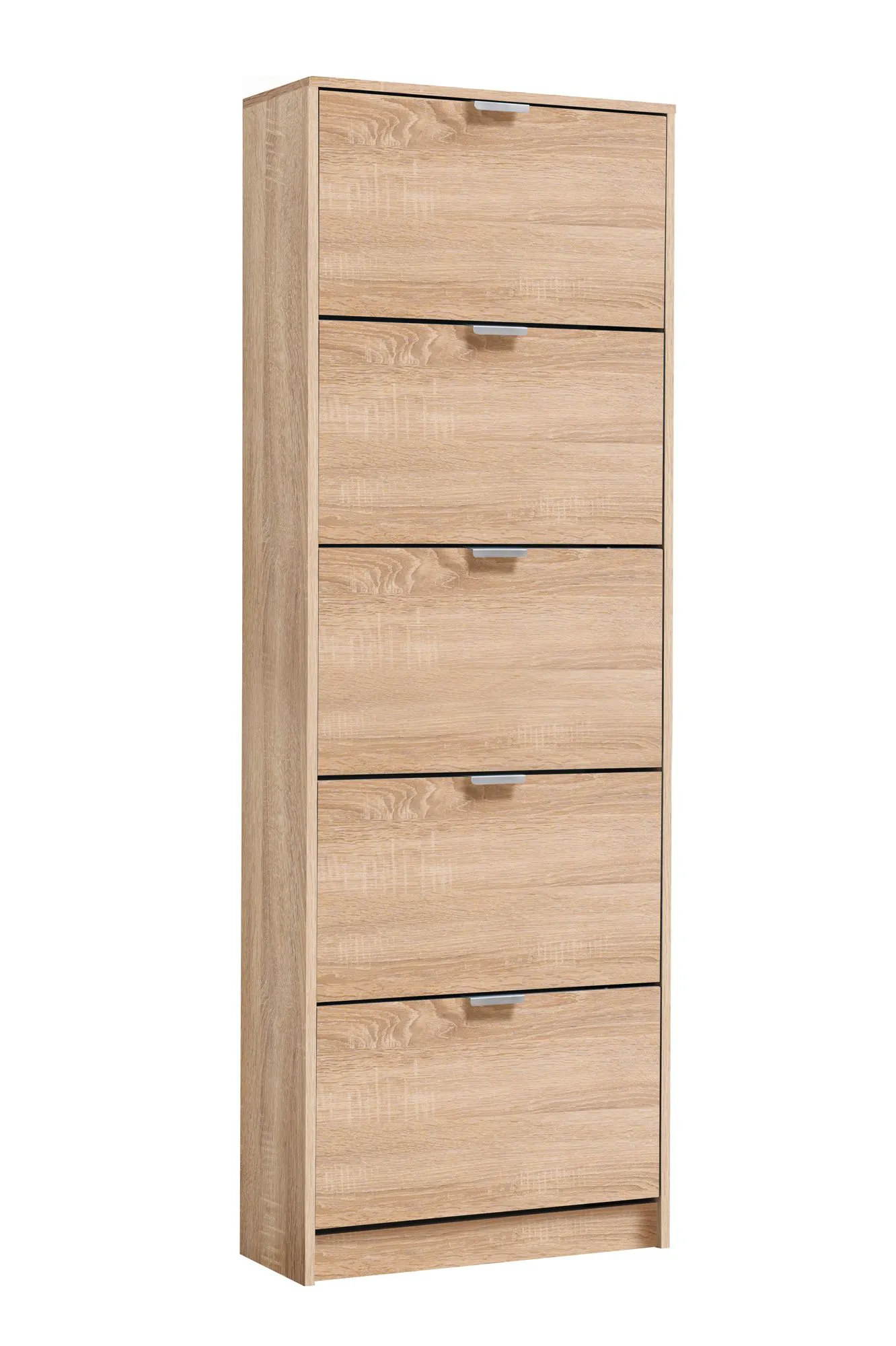 Hoher Schuhschrank Gradide 05, Farbe: Eiche Sonoma, fünf Kipptüren, Griffe: Grau, 10 Fächer, Maße: 191,5 x 67 x 28 cm, ABS-Kantenschutz, für den