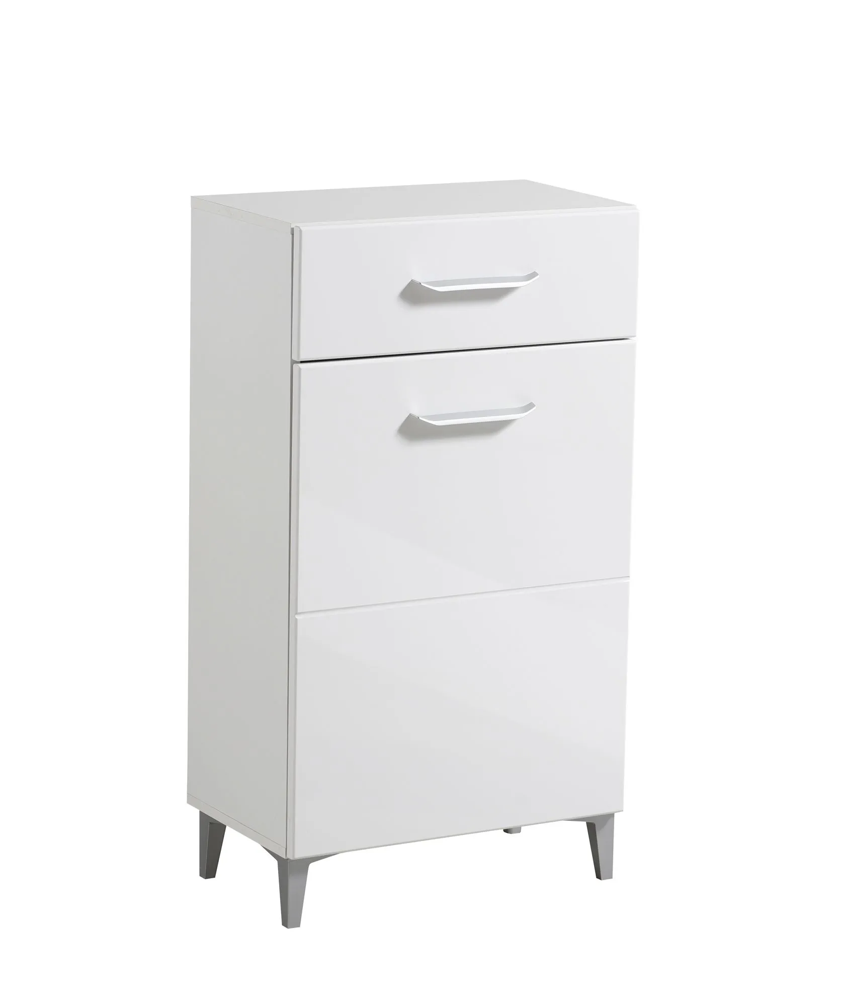 Schuhschrank mit einer Schublade Molia 05, Farbe: Weiß / Weiß Hochglanz, ABS-Kanten, schlichtes Design, eine Tür, drei Fächer, Maße: 104,5 x 58 x 35 cm