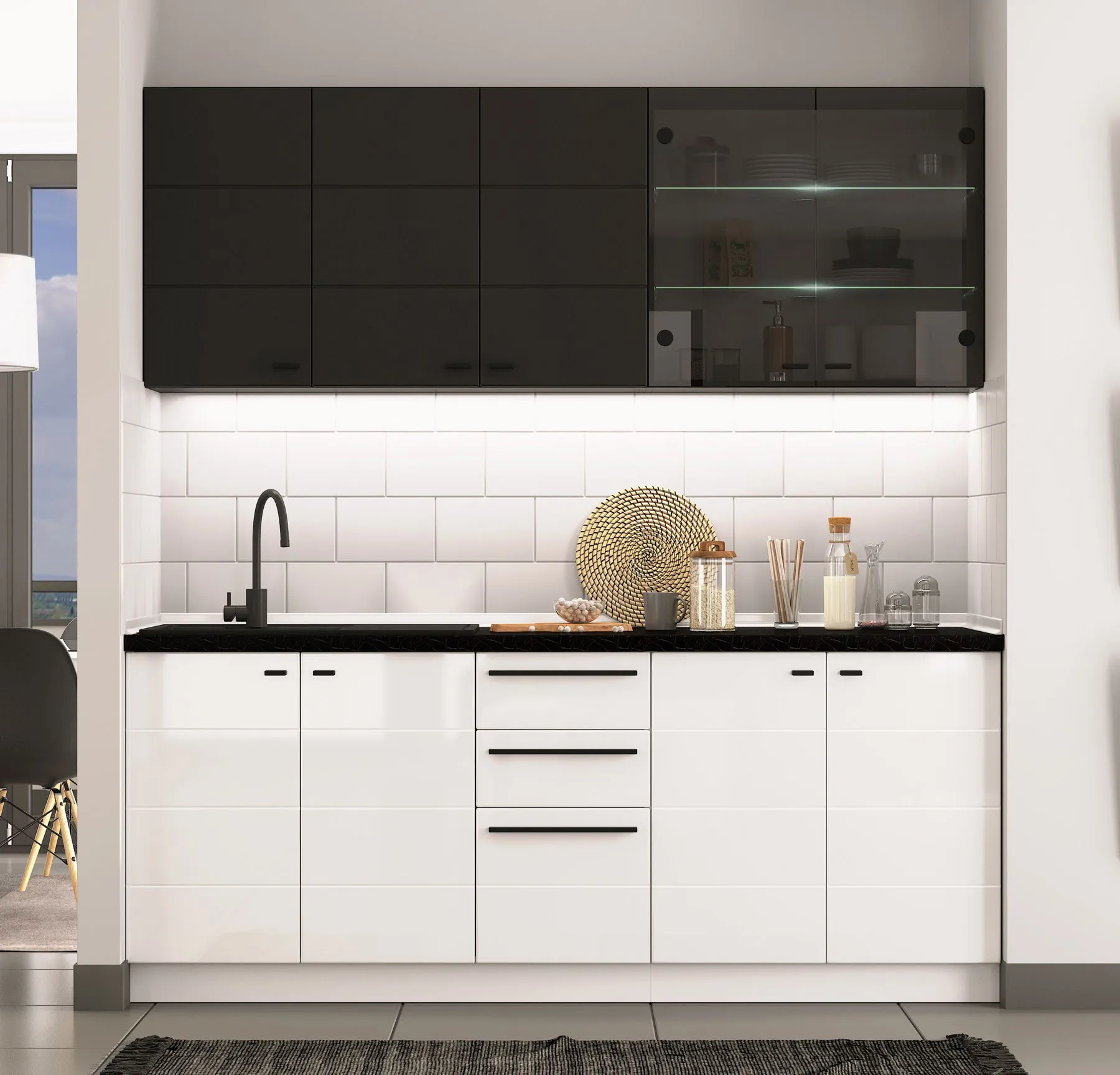 Elegante Küchenzeile / Küchenblock Plina 01, Farbe: Weiß / Schwarz / Schwarz Matt, zwei Schubladen, ABS-Kanten, 200 cm breit, ein Hängeschrank mit