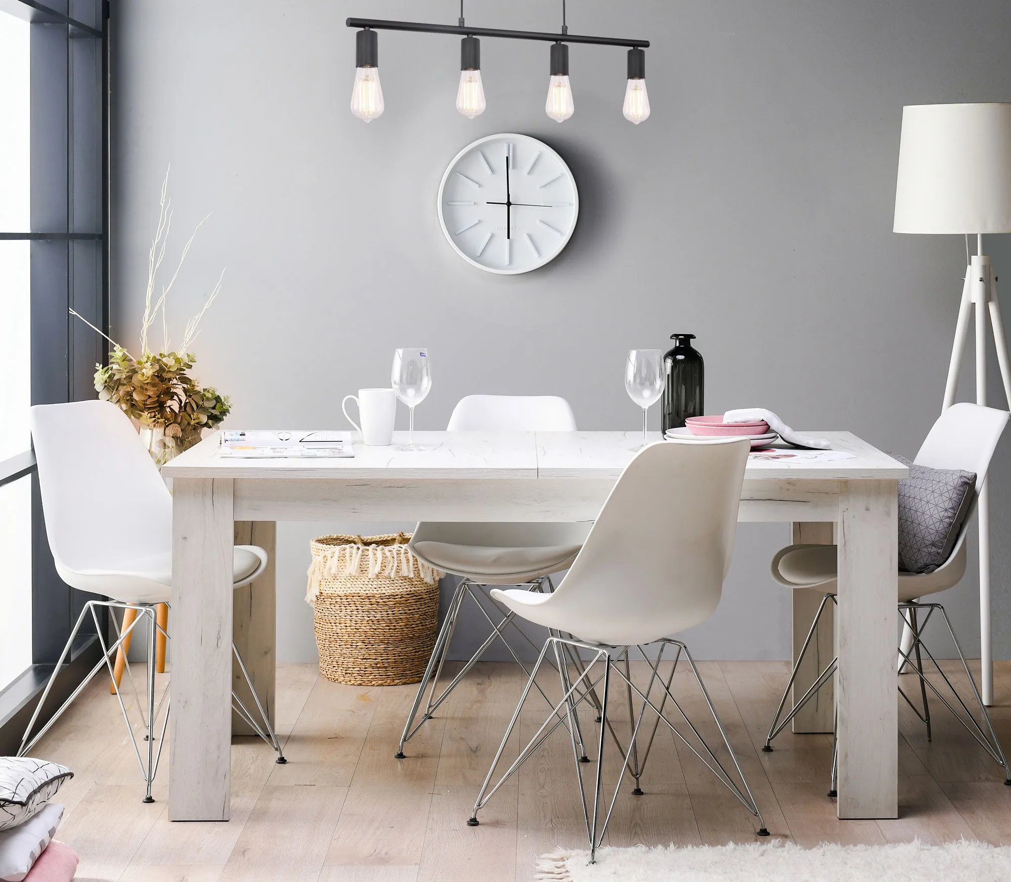Heller Esstisch Vojvo 02, Maße: 76,5 x 161 x 90,5 cm, Farbe: Eiche Weiß, ausziehbar bis 200 cm, ABS 2 mm, für Esszimmer, robust