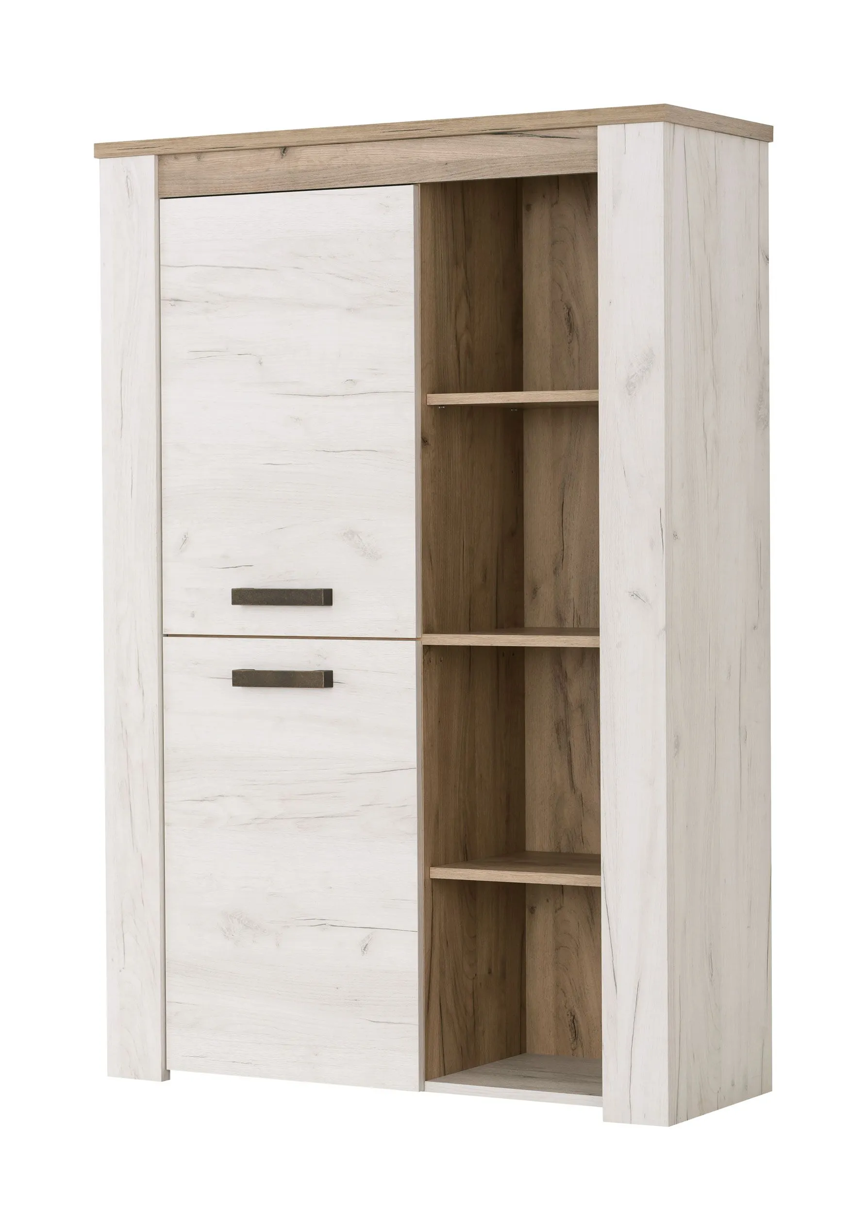 Kommode zwei Türen Zemun 04, acht Fächer, 1 Meter breit, Farbe: Eiche Grau / Eiche Weiß, ABS, Maße: 146,5 x 100 x 36,5 cm, einfaches und modernes Design