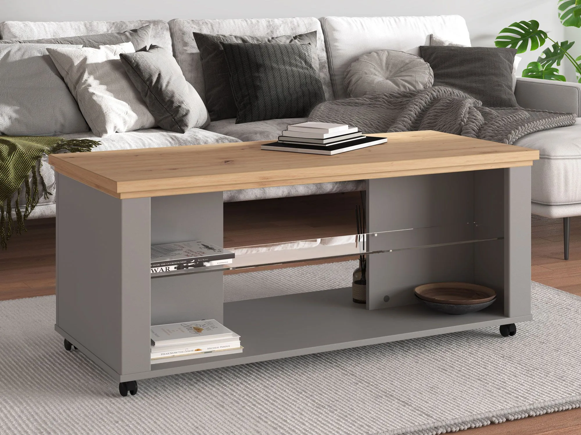 Couchtisch auf vier Rollen Banat 09, Kaffeetisch, Farbe: Eiche Artisan / Graphitgrau / Grau, zwei Ablageflächen, Maße: 49 x 114,5 x 50,5 cm, ABS-Kanten