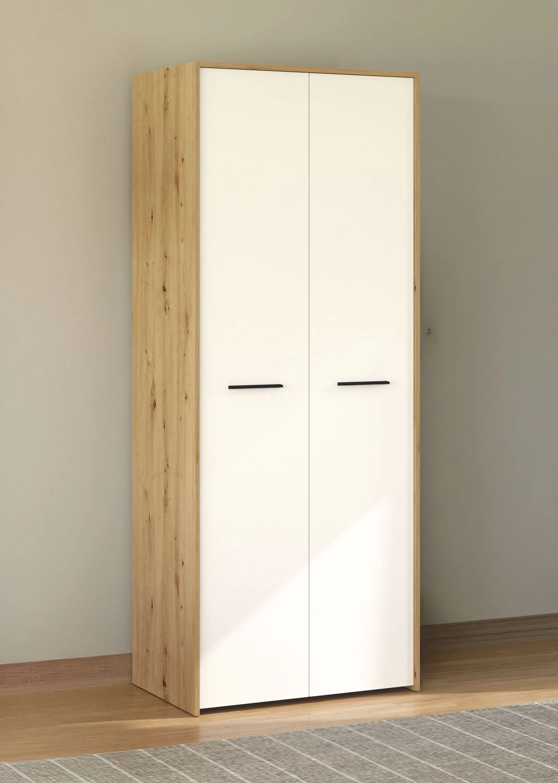 Zweitüriger Kleiderschrank Brus 03, Farbe: Eiche Artisan / Weiß, eine Kleiderstange, ein Fach, Maße: 203,5 x 80,5 x 53 cm, für Schlafzimmer