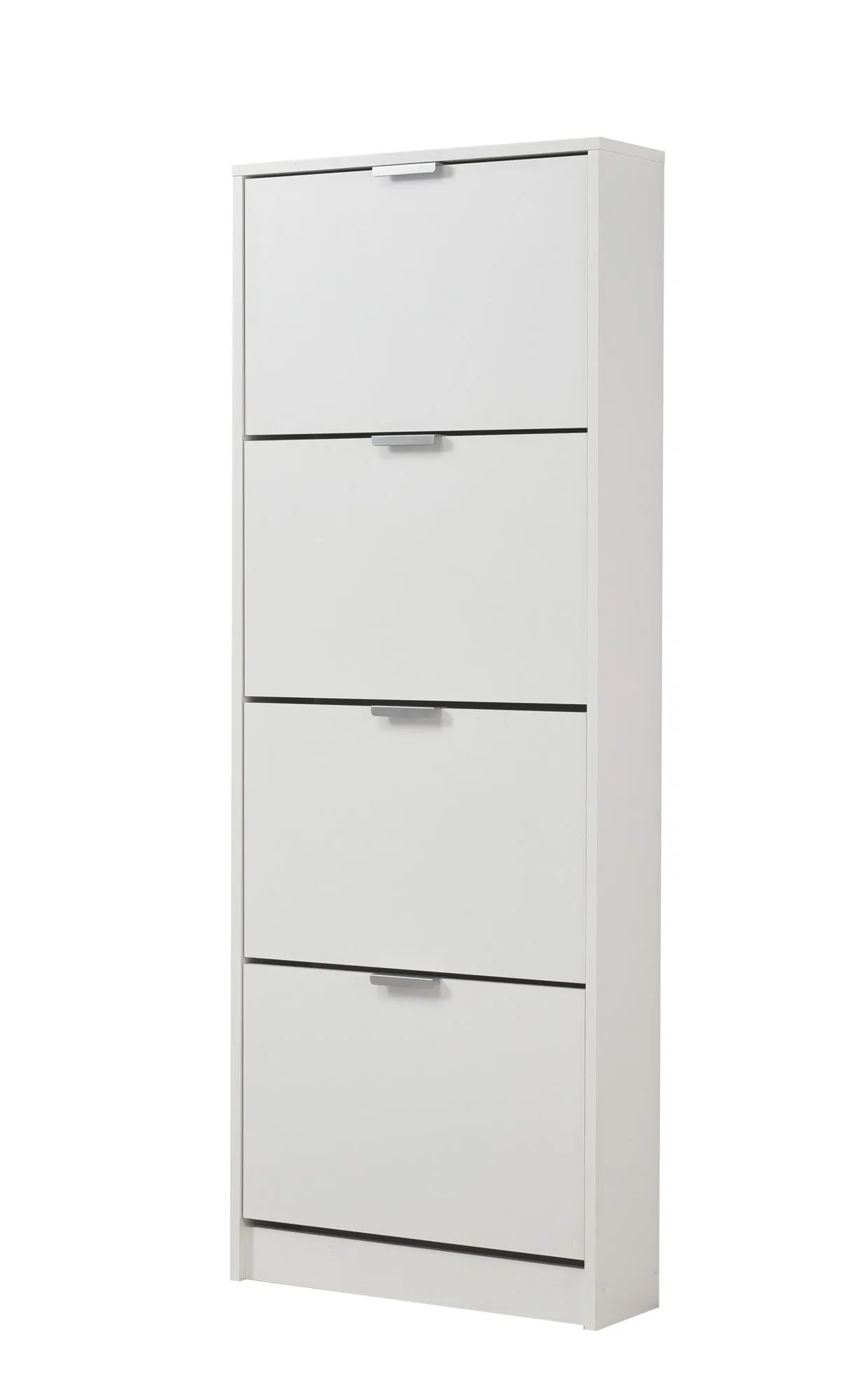 Schmaler Schuhschrank mit vier Kipptüren Veliko 06, Farbe: Weiß, ABS-Kanten, vier Fächer, Griffe: Grau, Maße: 155,5 x 58 x 18 cm, modernes Design